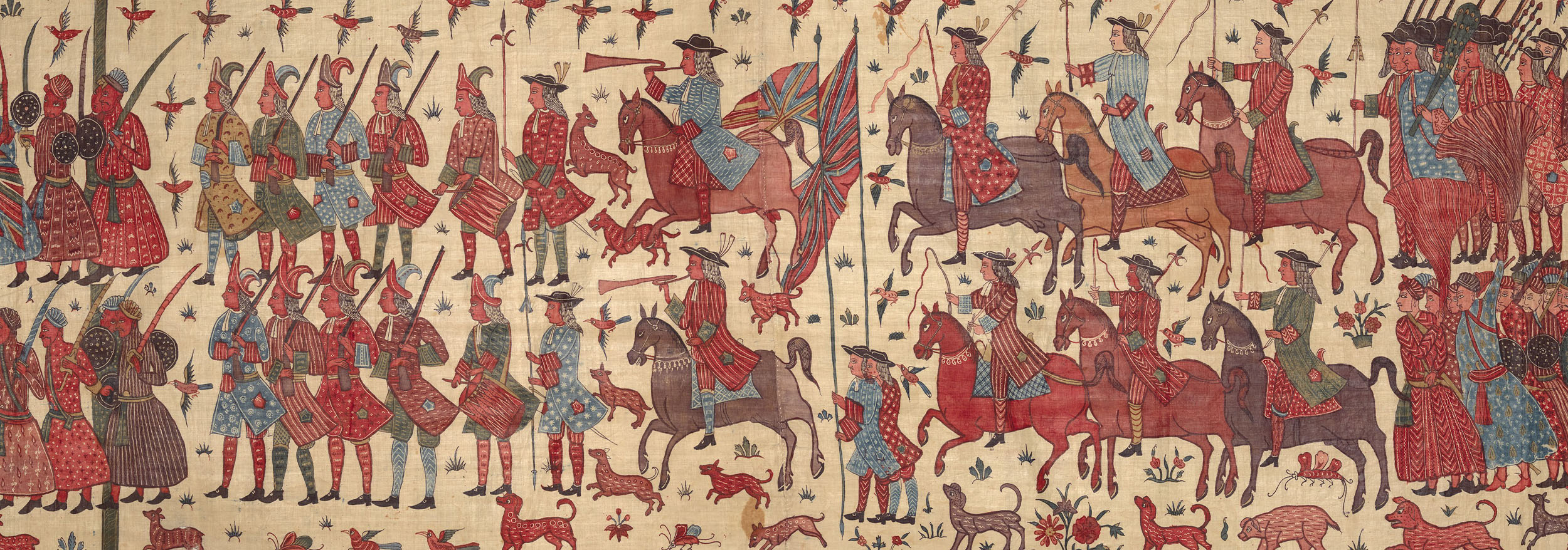 A textile hanging depicting two rows of Indian and possibly European soldiers on foot and horseback.