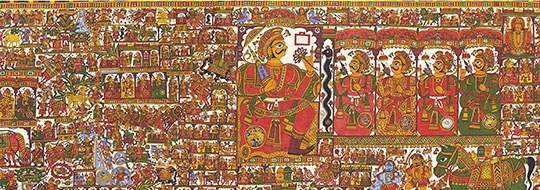 A horizontal scroll-painting narrating the epic of the deity Pabuji, the central figure of the painting.
