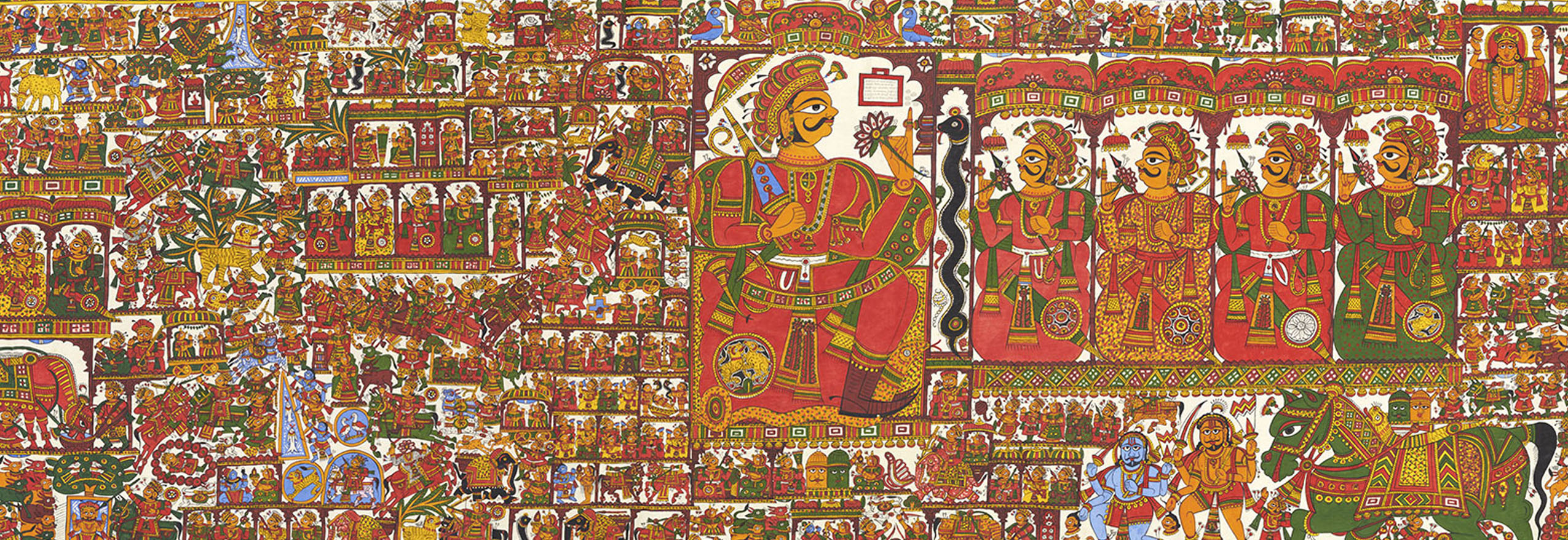 A horizontal scroll-painting narrating the epic of the deity Pabuji, the central figure of the painting.
