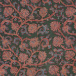 A block-printed textile with a floral and vine pattern on a dark-coloured ground.