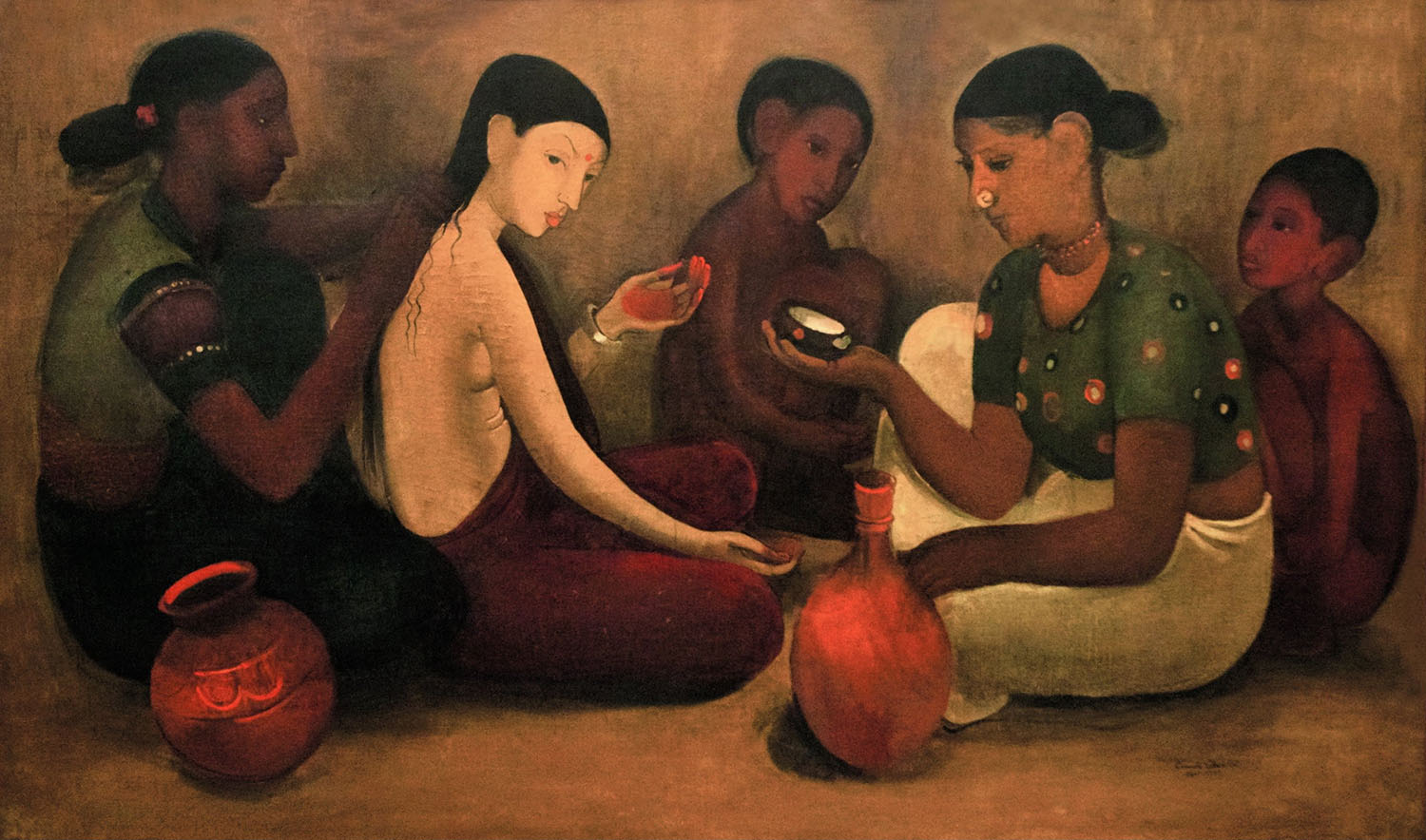 A painting depicting a group of women seated around a bride, assisting her in her toilette.