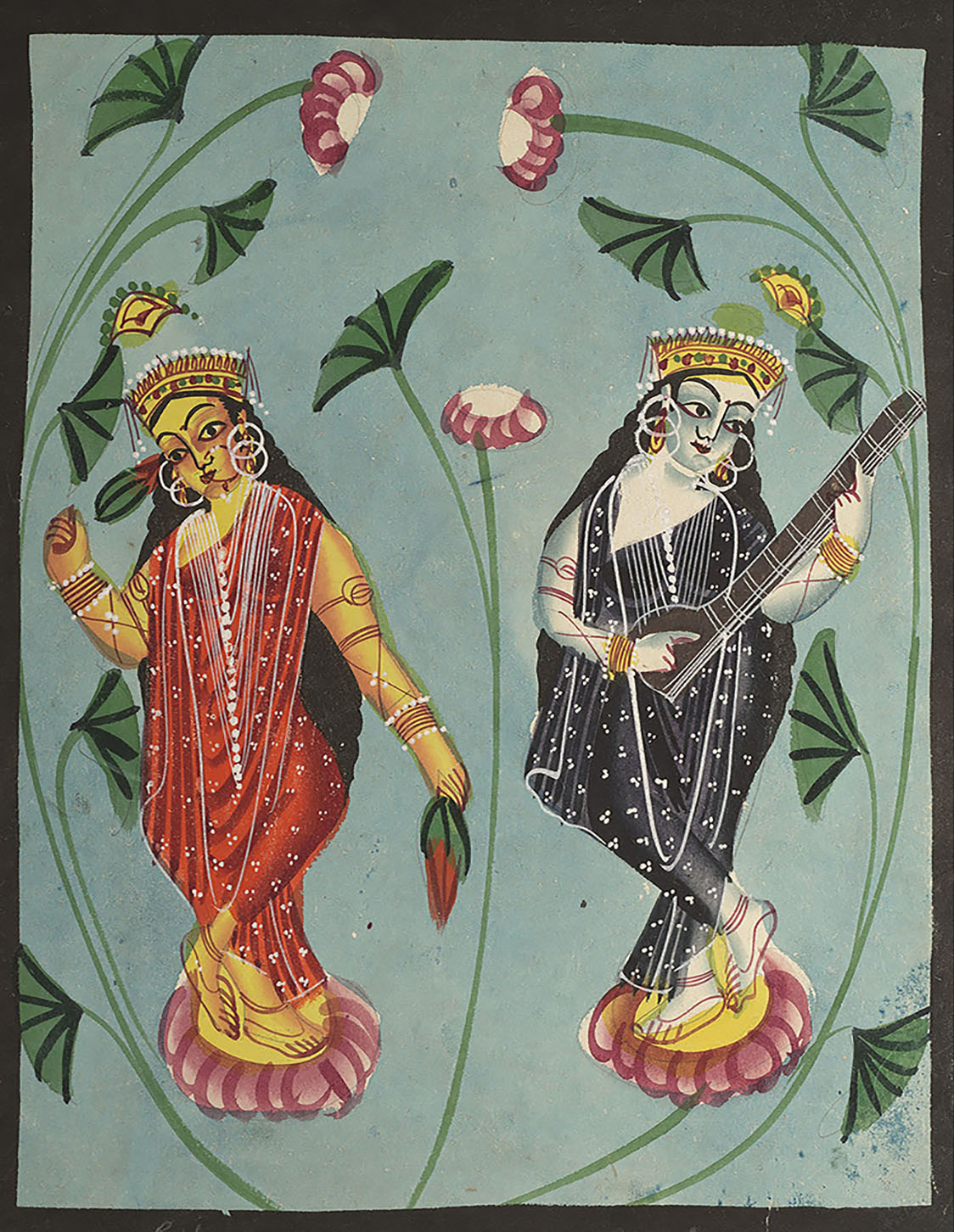 Painting of the goddesses Lakshmi and Sarasvati, each standing upright over a lotus, surrounded by lotus leaves and flowers.