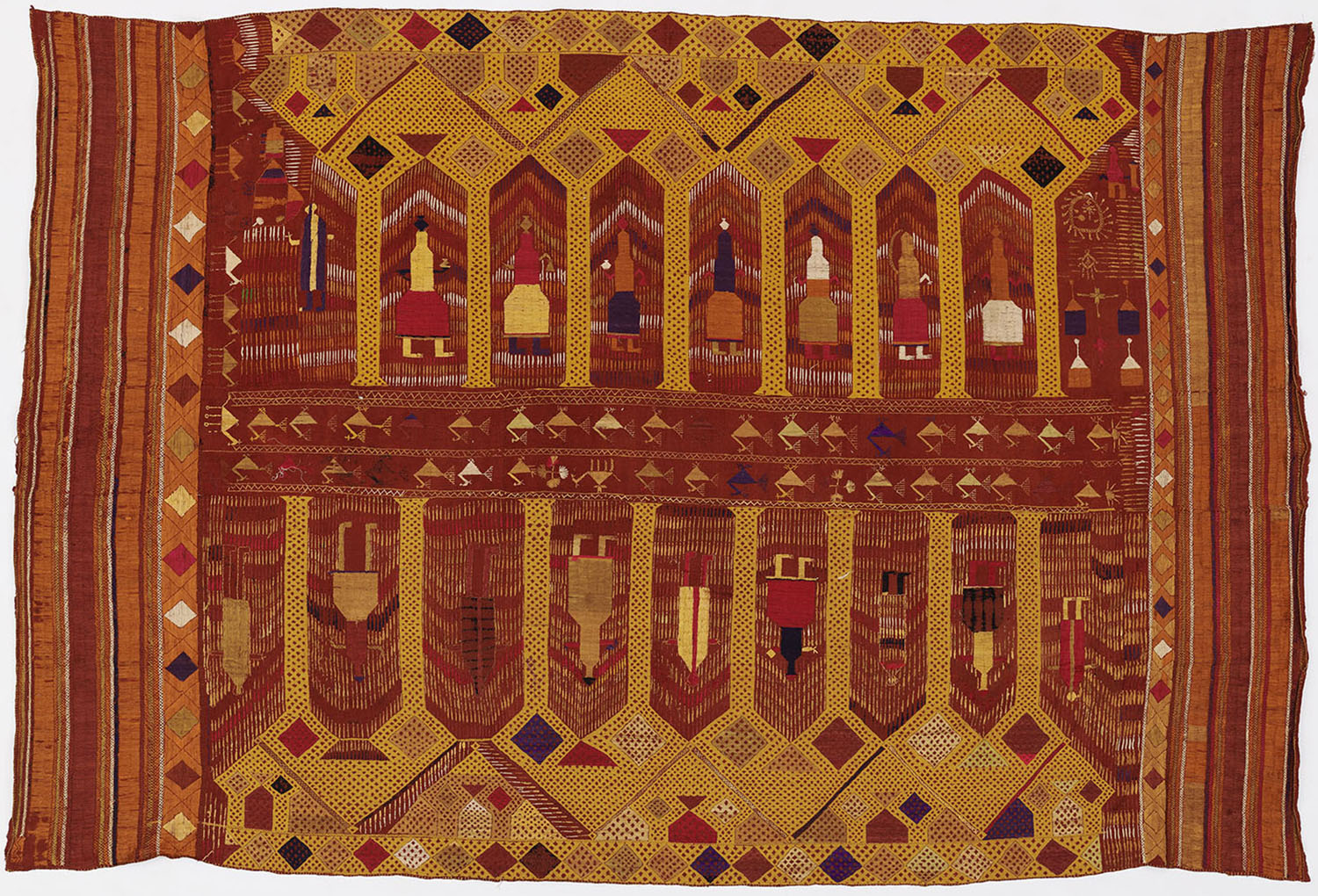 Embroidered Phulkari textile showing two rows of human figures separated by columns. A row of birds flies through the centre.