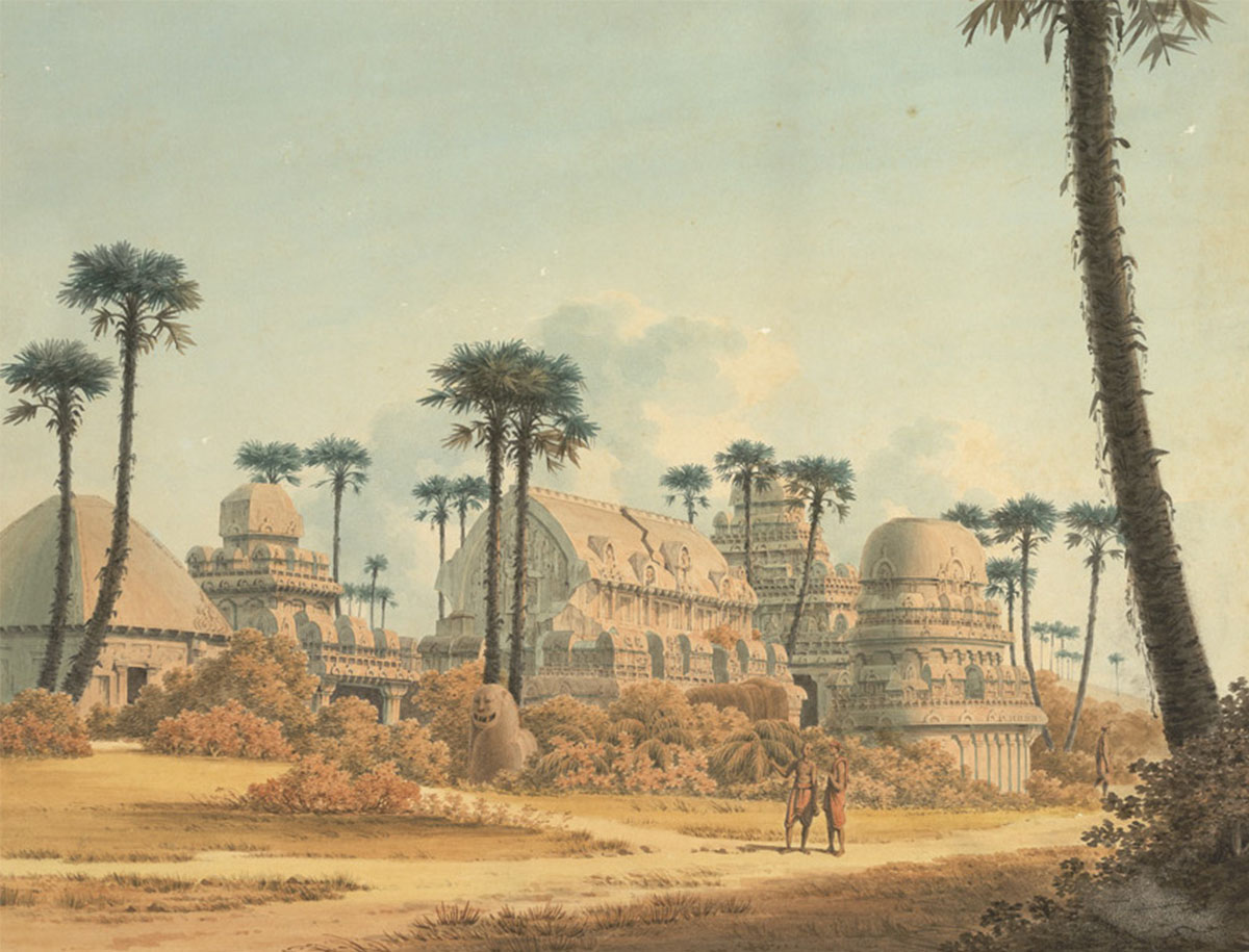 A watercolour painting depicting the five rathas in Mahabalipuram.