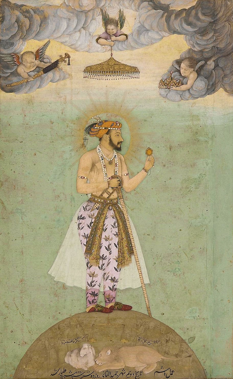 A painting of Shah Jahan standing on a globe with a halo around his head and angels holding a crown, umbrella and sword