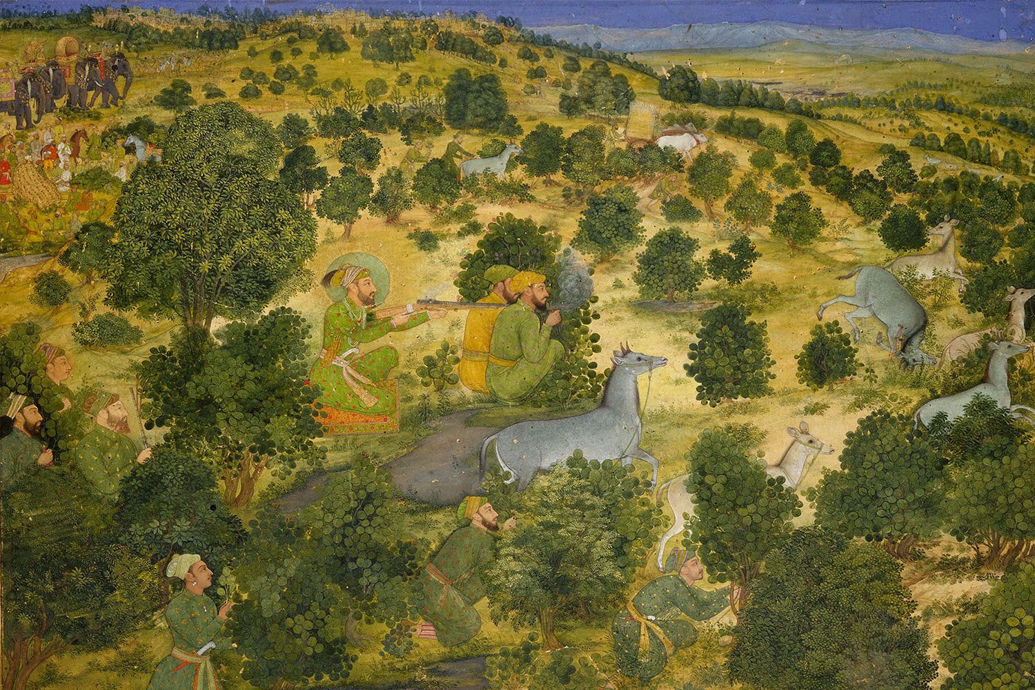 A painting depicting Aurangzeb in the centre, flanked by attendants and hunting nilgais in a grassy landscape.