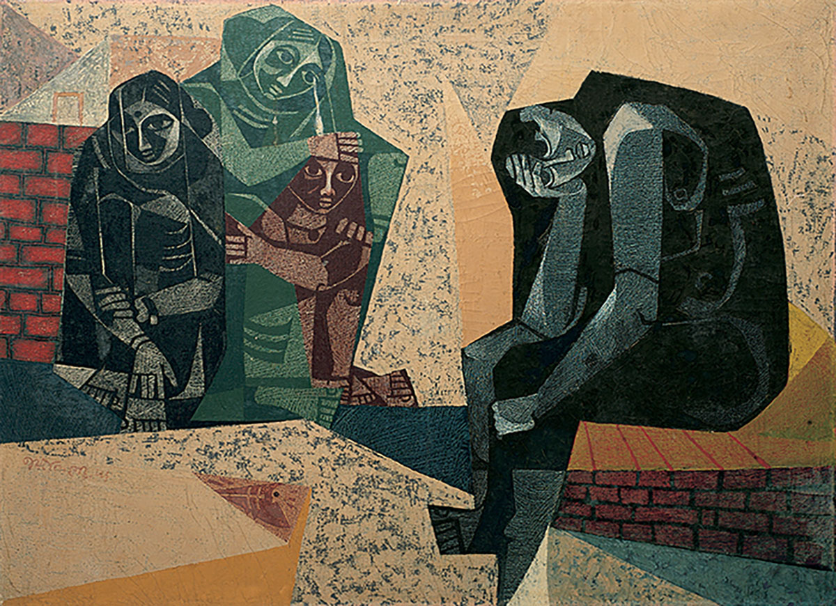 A painting depicting a worried man seated with his head in his hands, next to a group of three women huddled together.