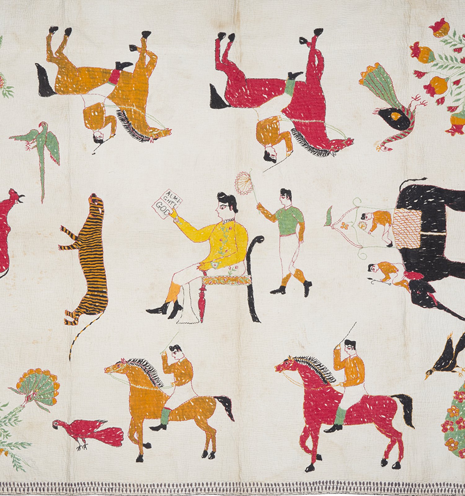 Kantha depicting various animals, trees and flowers. Humans are shown riding the horses, scattered across the textile.