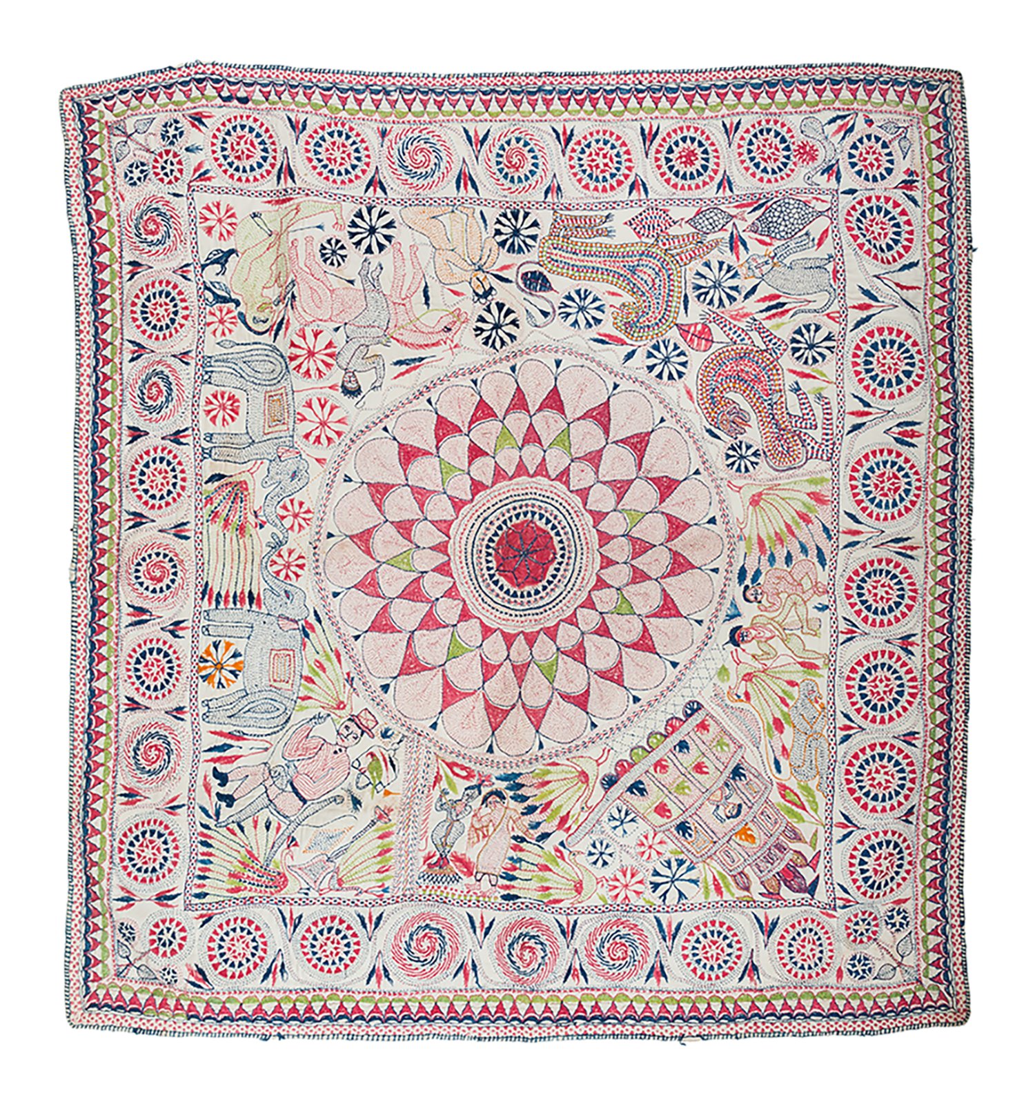 Kantha with a many-petalled lotus in the centre, surrounded by human and animal forms. Circles and flowers form the border.