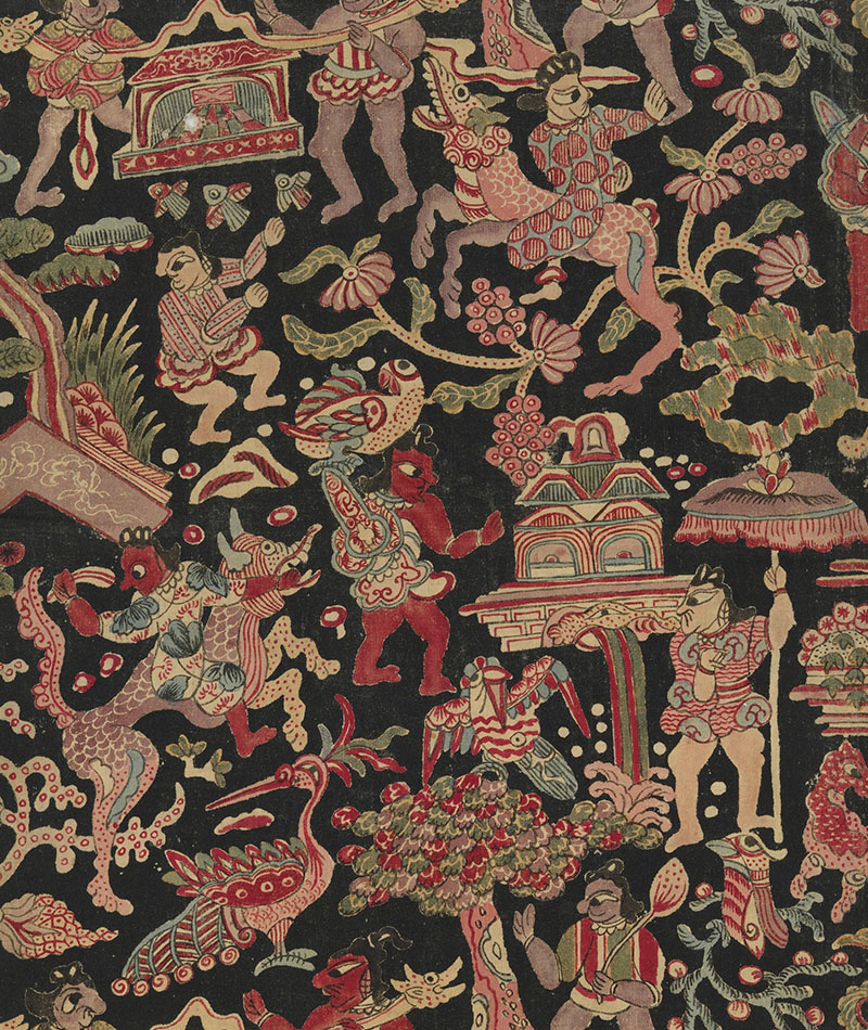 A Sarasa textile with a pattern of fantastical birds and animals and human-like figures.