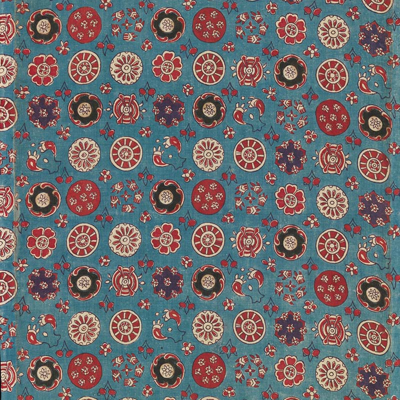 A Sarasa textile with a repeating pattern of rosettes of geometric, floral and abstract designs.