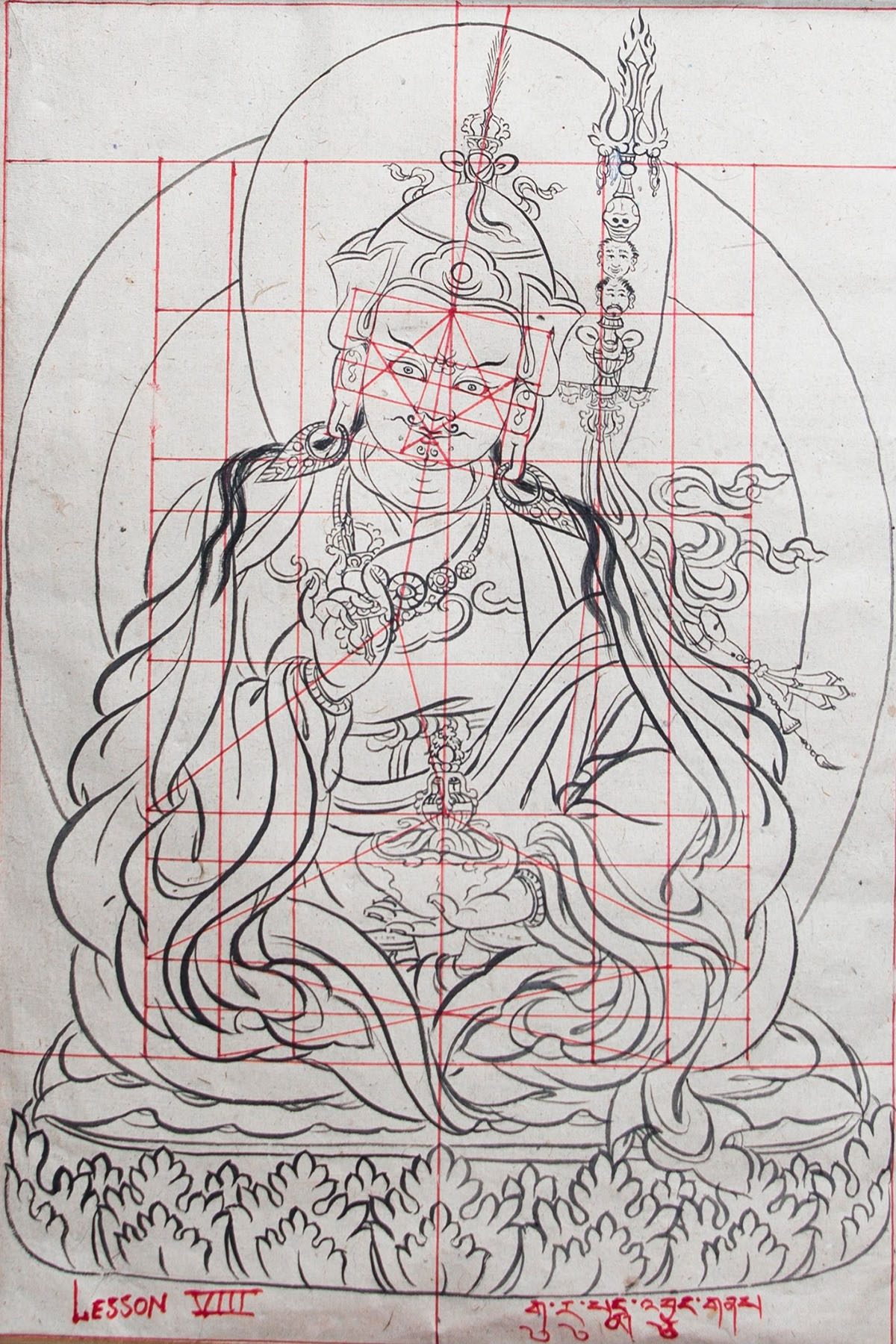 A preparatory drawing for a thangka made on paper depicting a Buddhist deity drawn on a square grid.