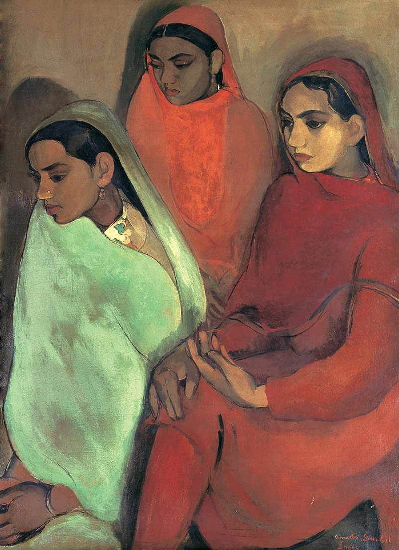 A painting depicting three girls seated together, gazing downwards.