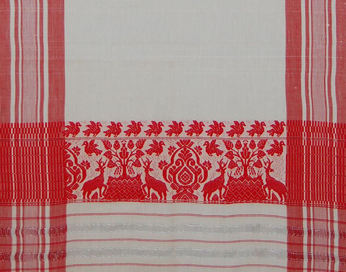 Assam Handloom Poly-Cotton Gamusa Both Side Embroidery Red & White Big  Size, Pack of 2