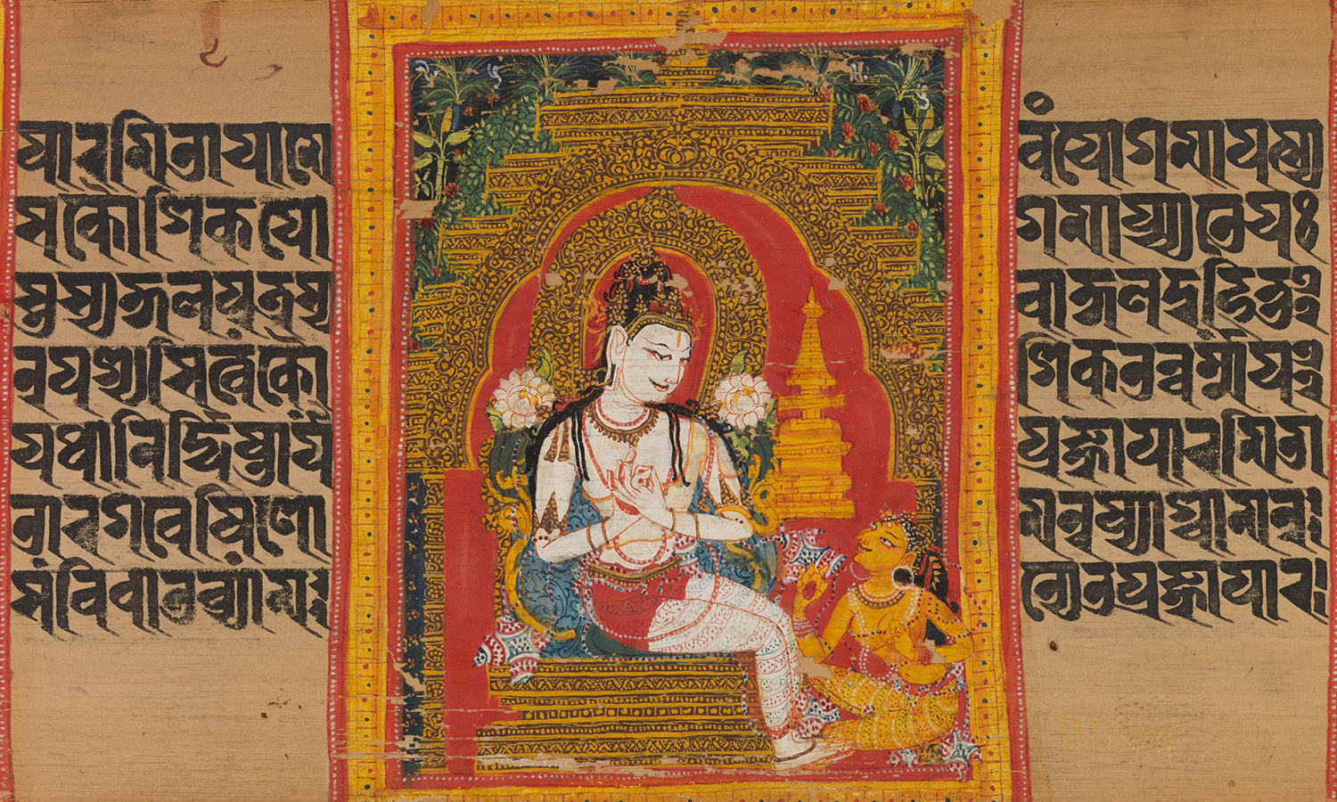 A manuscript depicting Avalokiteshvara Padmapani in the centre with text on either side.