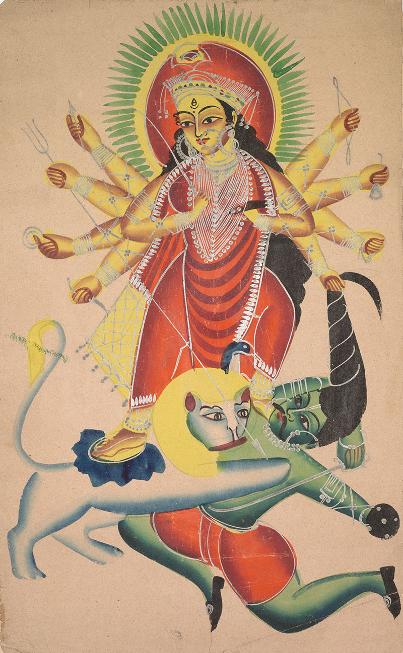 A painting of the goddess Durga wielding weapons in her eight hands killing the demon Mahishasura with a spear.