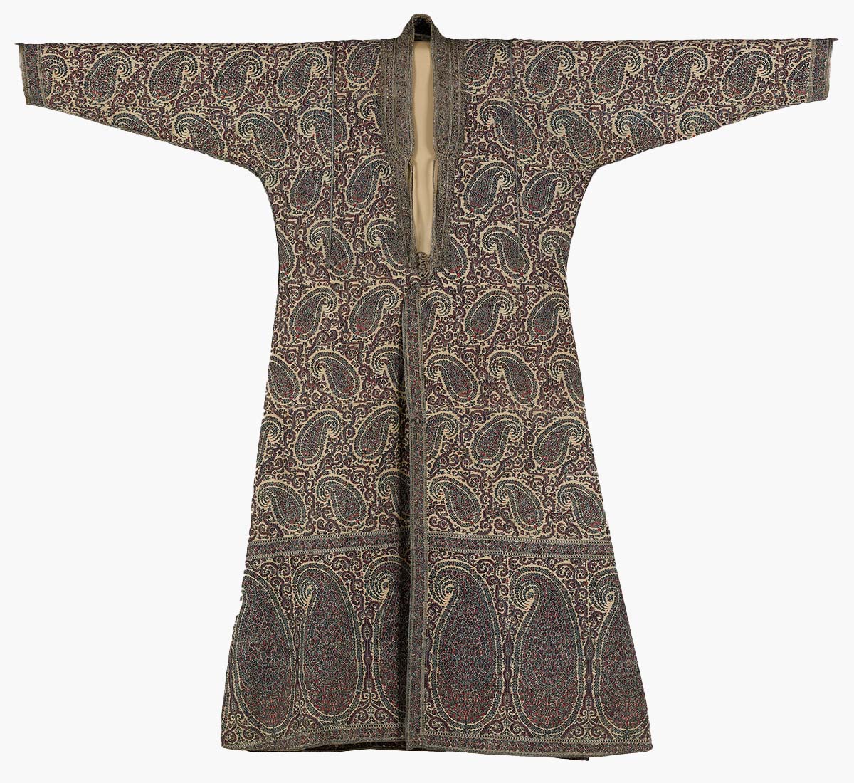 A coat-like outerwear garment with full-sleeves, brocaded and bordered with elongated paisley motifs.