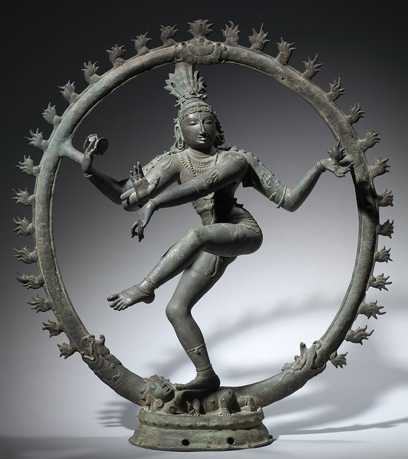 A bronze statue depicting Nataraja, surrounded by a ring of fire.