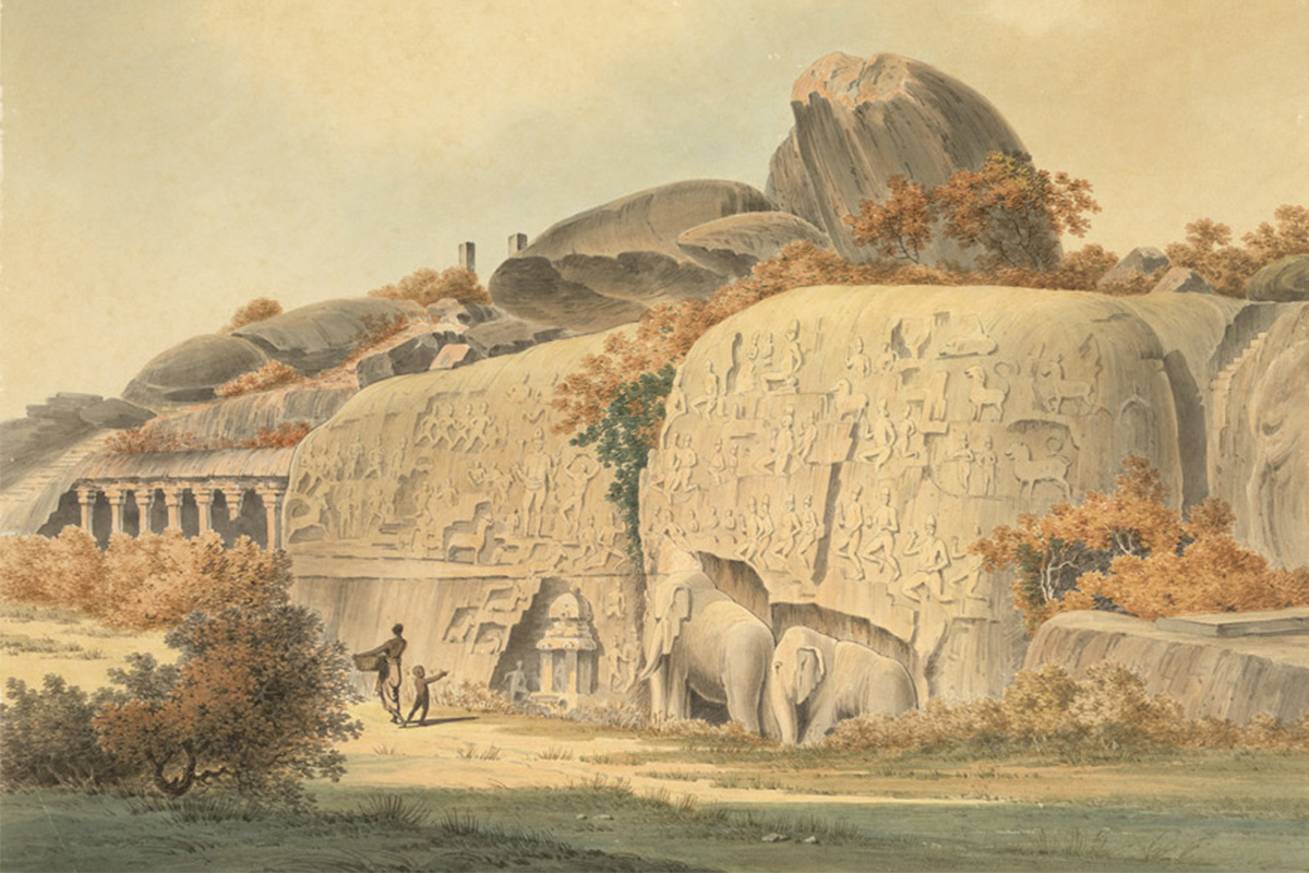 A watercolour painting depicting a sculptural relief against a rocky landscape.