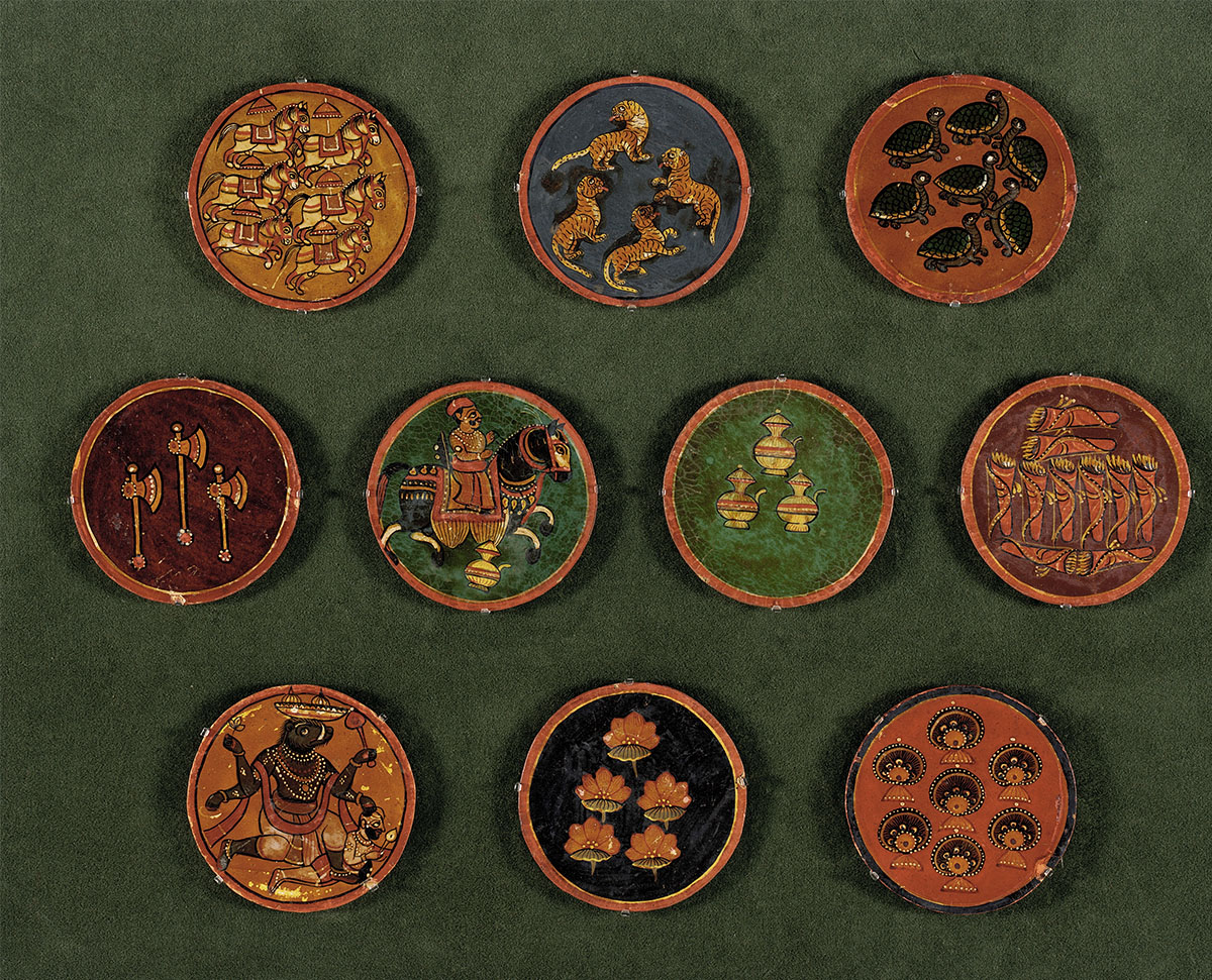 A set of ten Ganjifa playing cards with images of animals, weapons, objects, a human figure and a divine figure.
