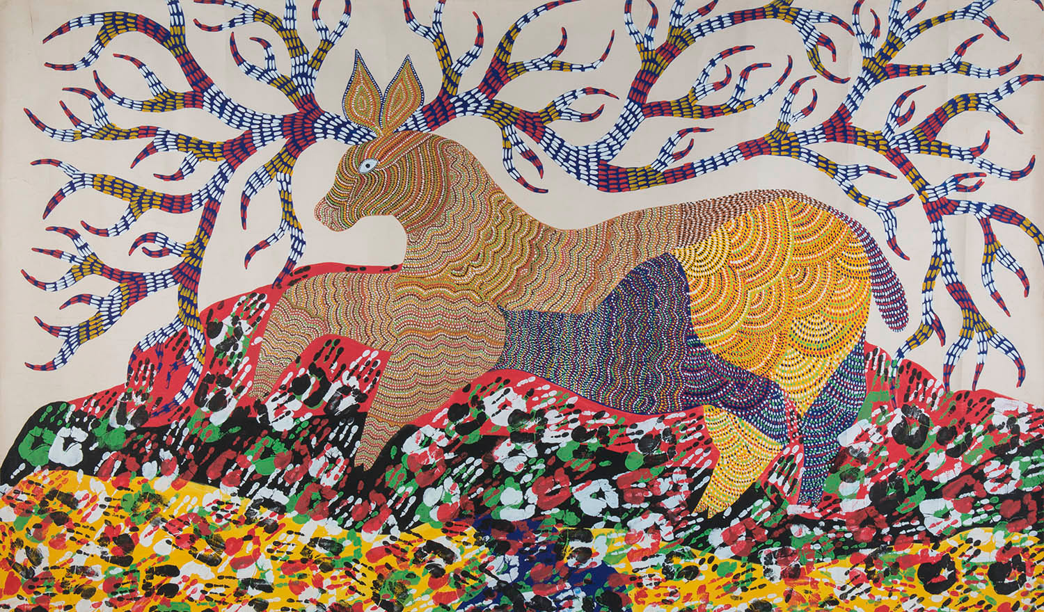 A Gond painting of a large deer with its antlers fanning outwards, placed above a repeating motif of human hands.