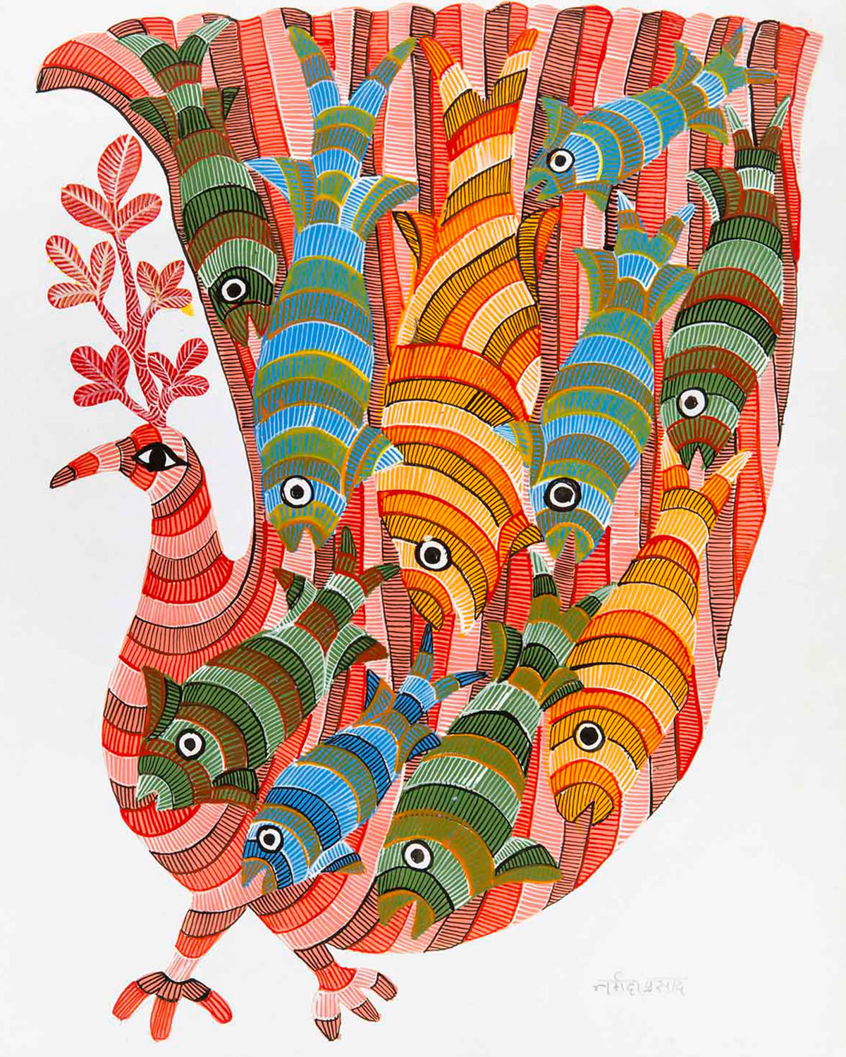 A Gond painting of a peacock with an upright train on which several fish are depicted.