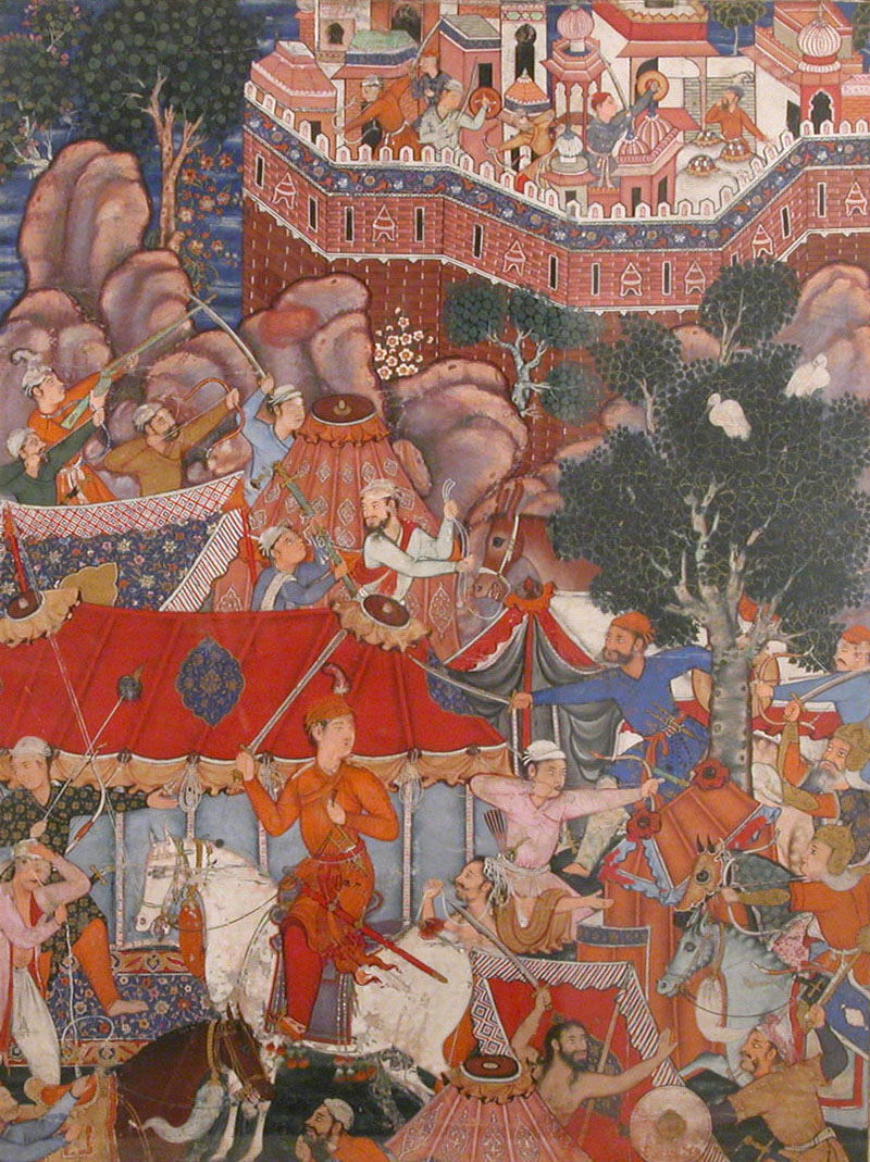 A painting depicting an attack from a palace terrace on a camp of soldiers on the bottom left.