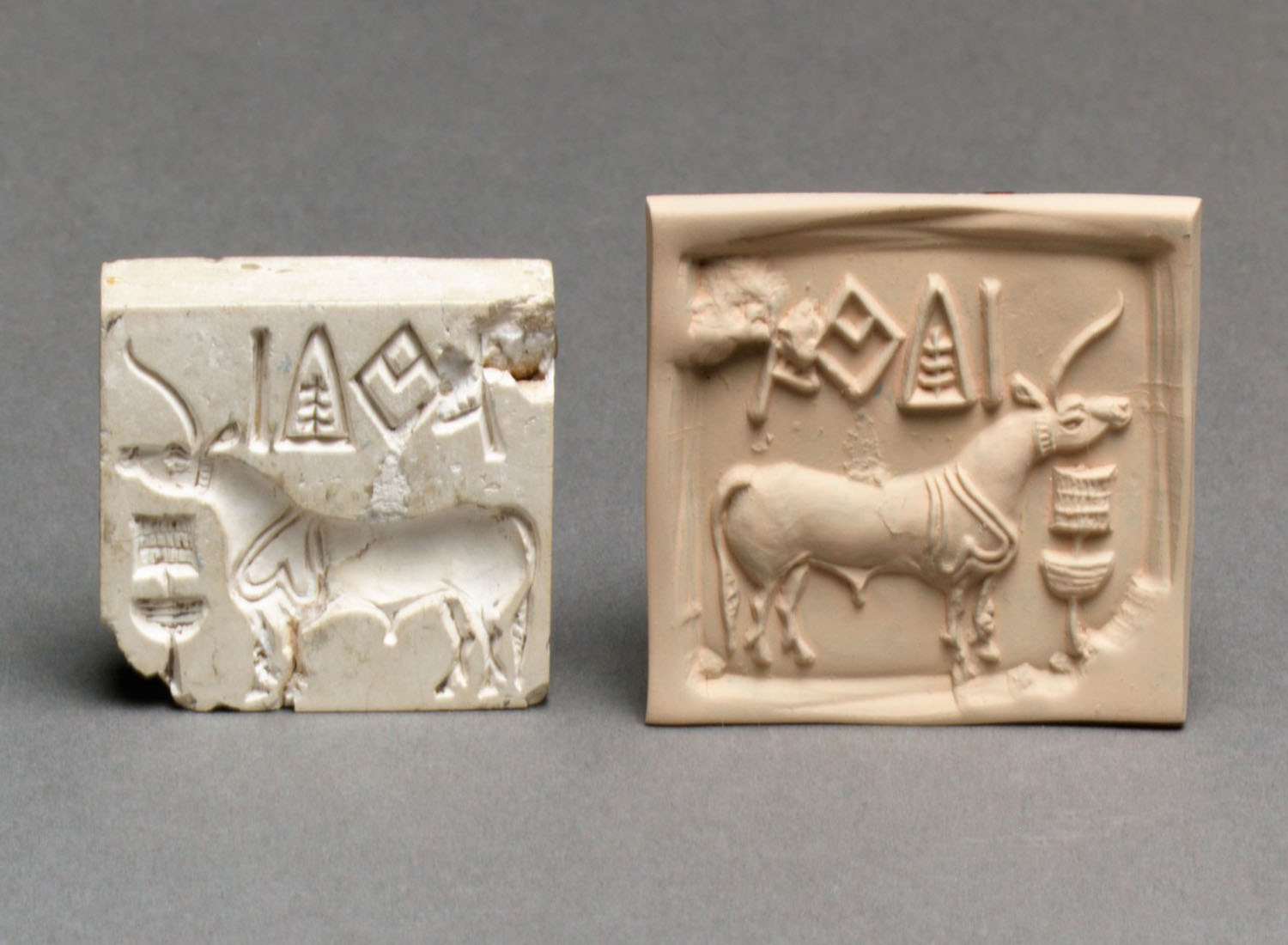 Two steatite seals depicting a unicorn-like animal and the Indus script on top.