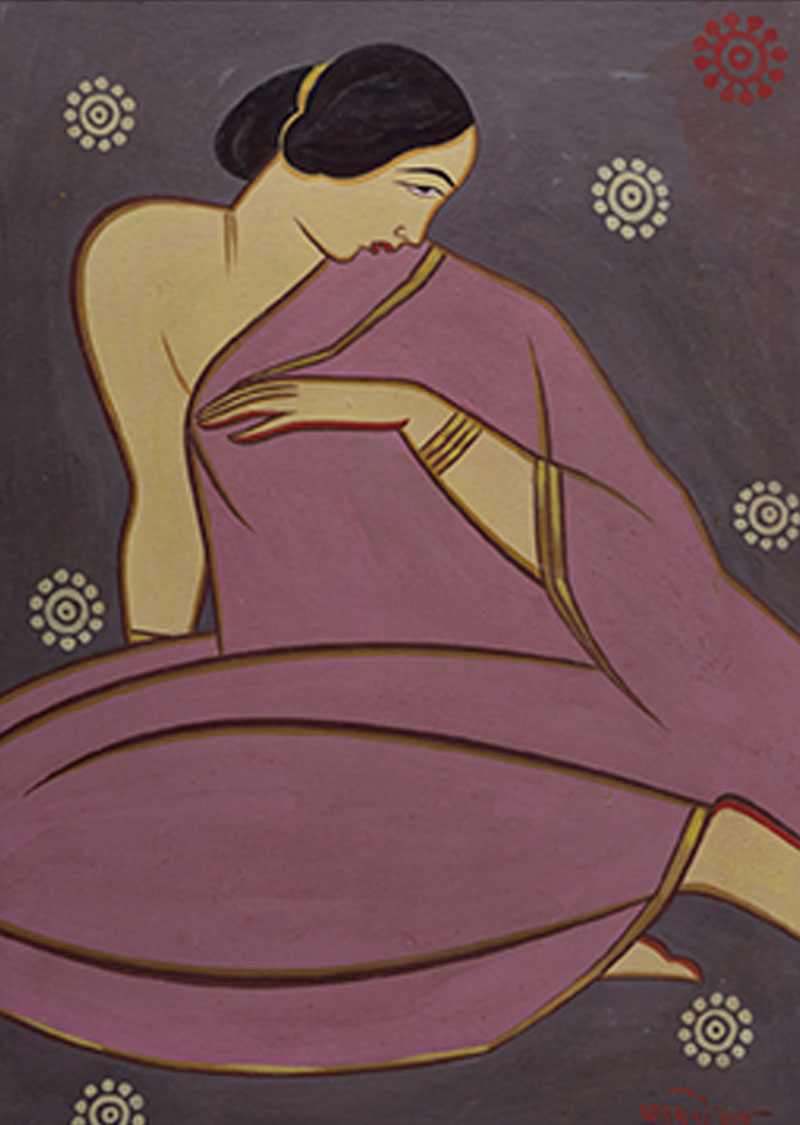A painting of an unadorned woman seated wearing a plain pink saree, with circular motifs in the background.