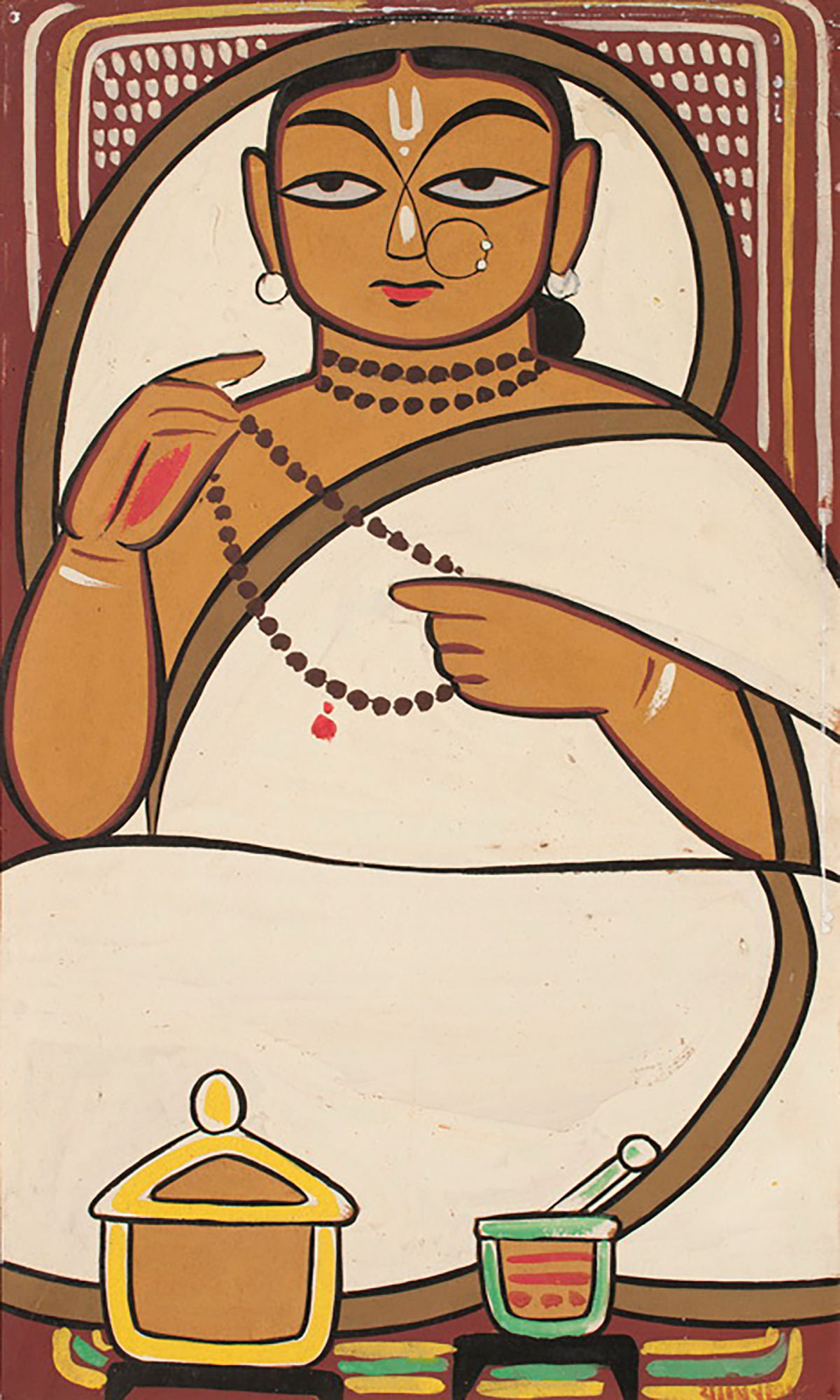 A painting of a woman in white anointed with sandalwood on her forehead and nose, counting beads of a rosary.