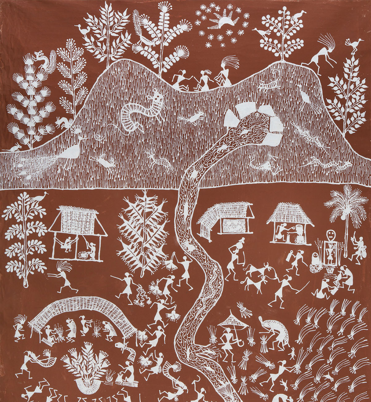 A Warli painting depicting trees, a hill and a river, above scenes of village activities.