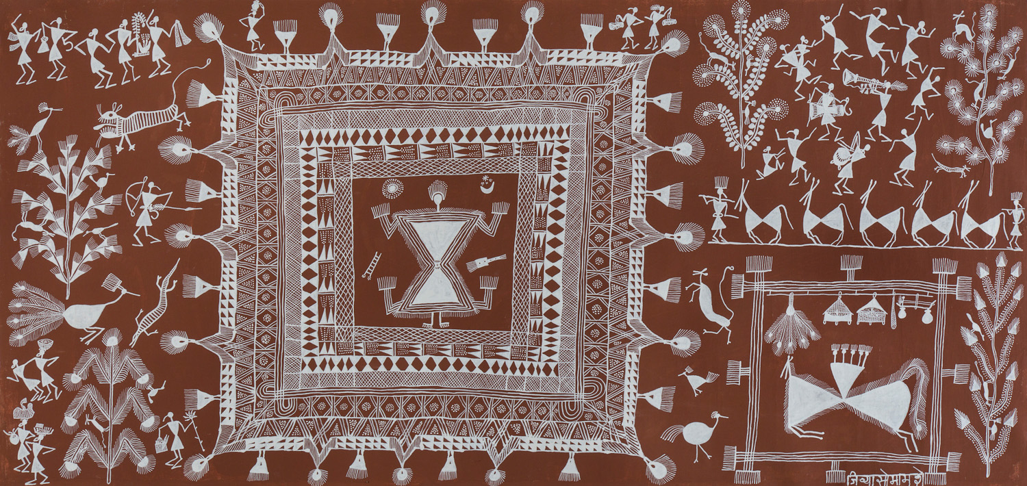 A Warli painting depicting a female deity within a square surrounded by birds, animals and human figures.