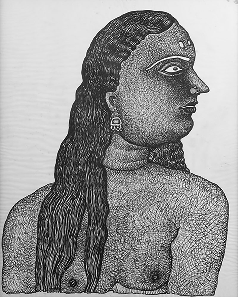 An ink drawing of a girl’s face in profile, filled in with fillibrated lines.