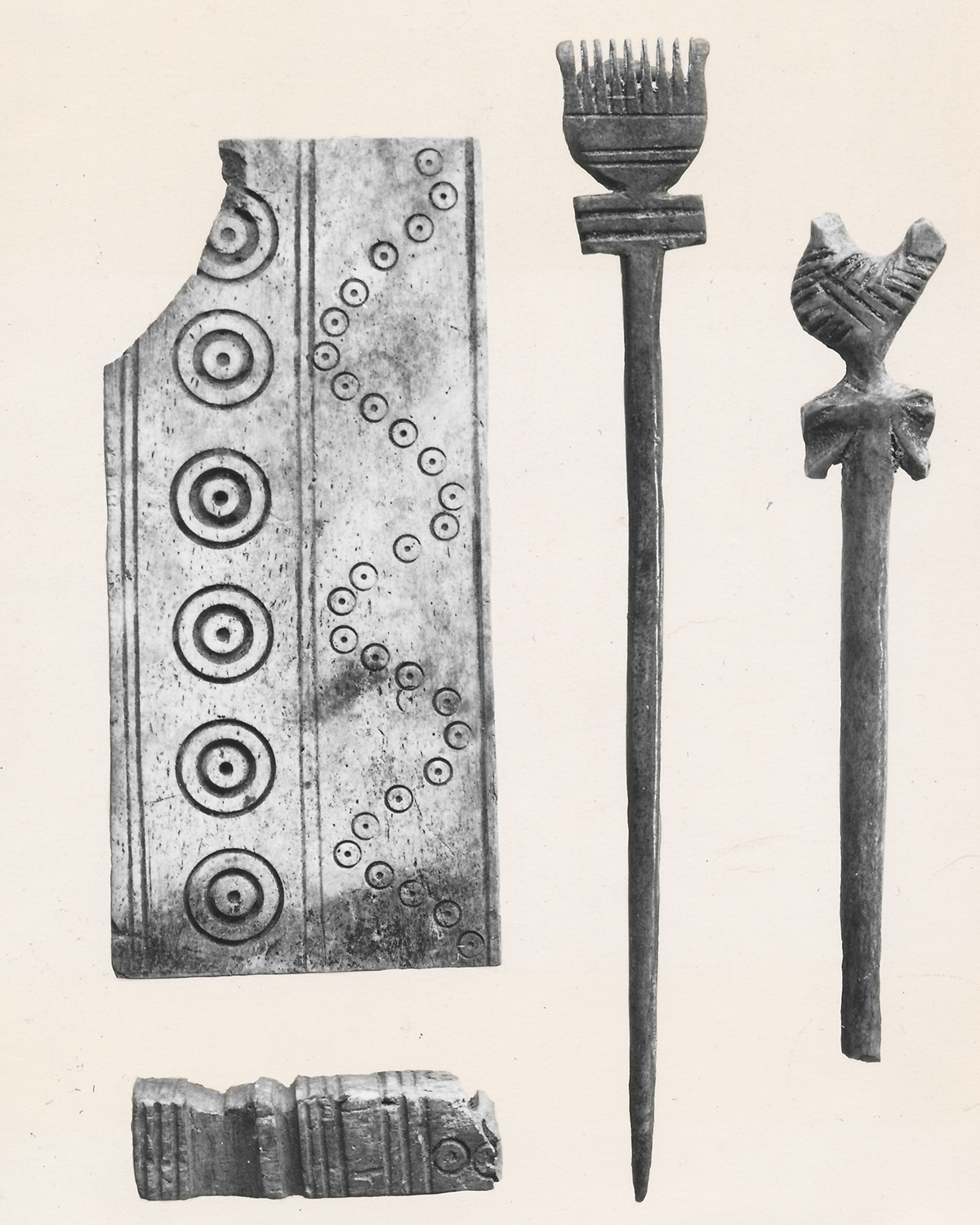 A collection of documentary photographs of four artefacts made out of bone excavated from Sirkap in Taxila.