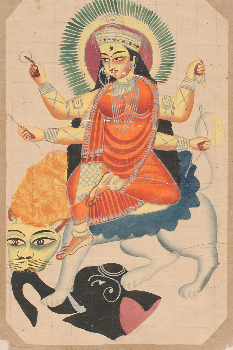 A Kalighat painting depicting the four-armed Hindu goddess Durga, seated on a lion, slaying an elephant demon.