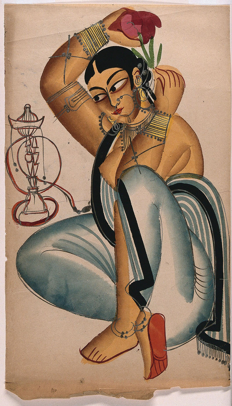 A gouache Kalighat painting of a seated courtesan arranging a flower in her hair, with a hookah by her side.