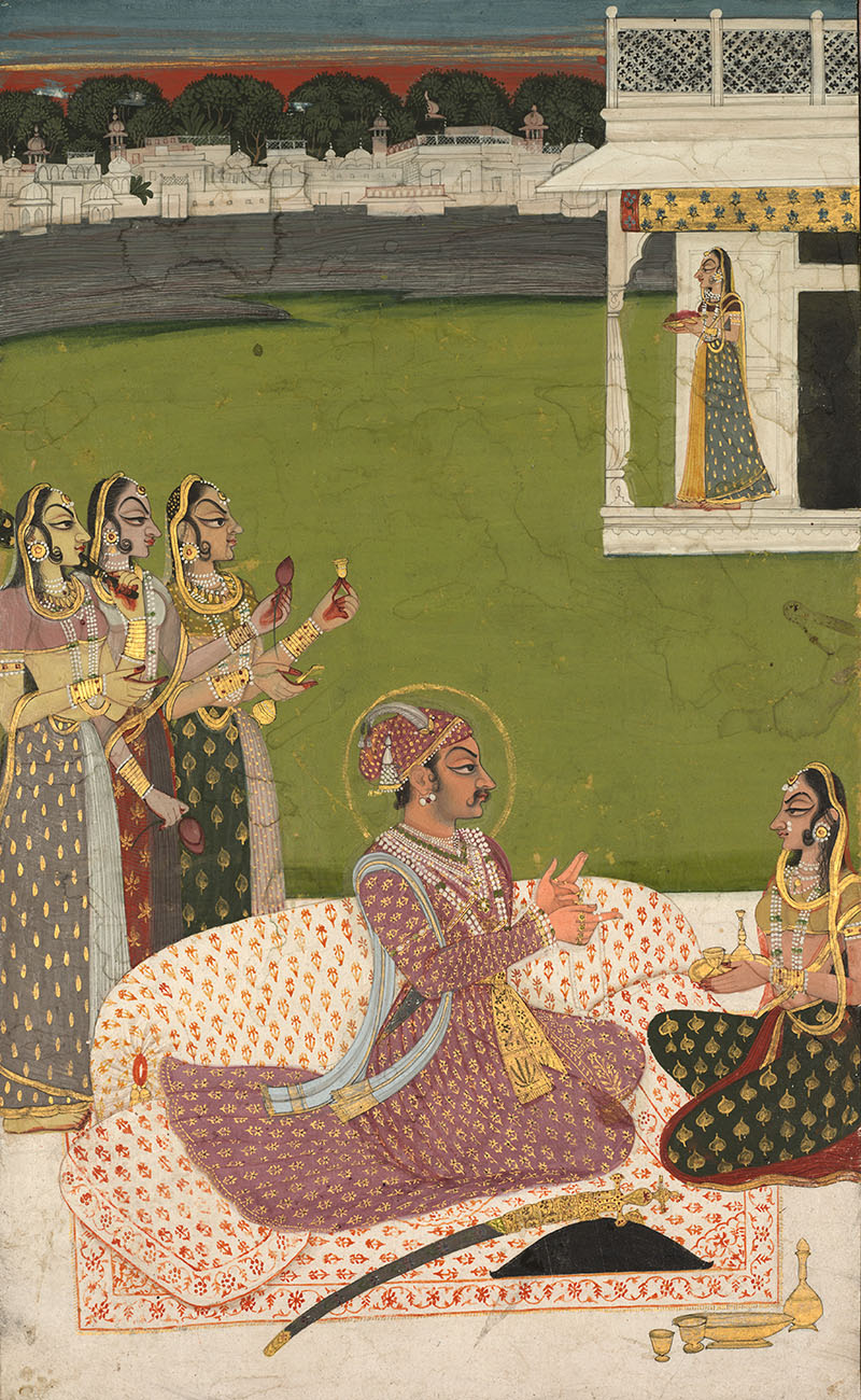 A painting depicting Savant Singh seated on a carpet with his consort Bani Thani, flanked by attendants.