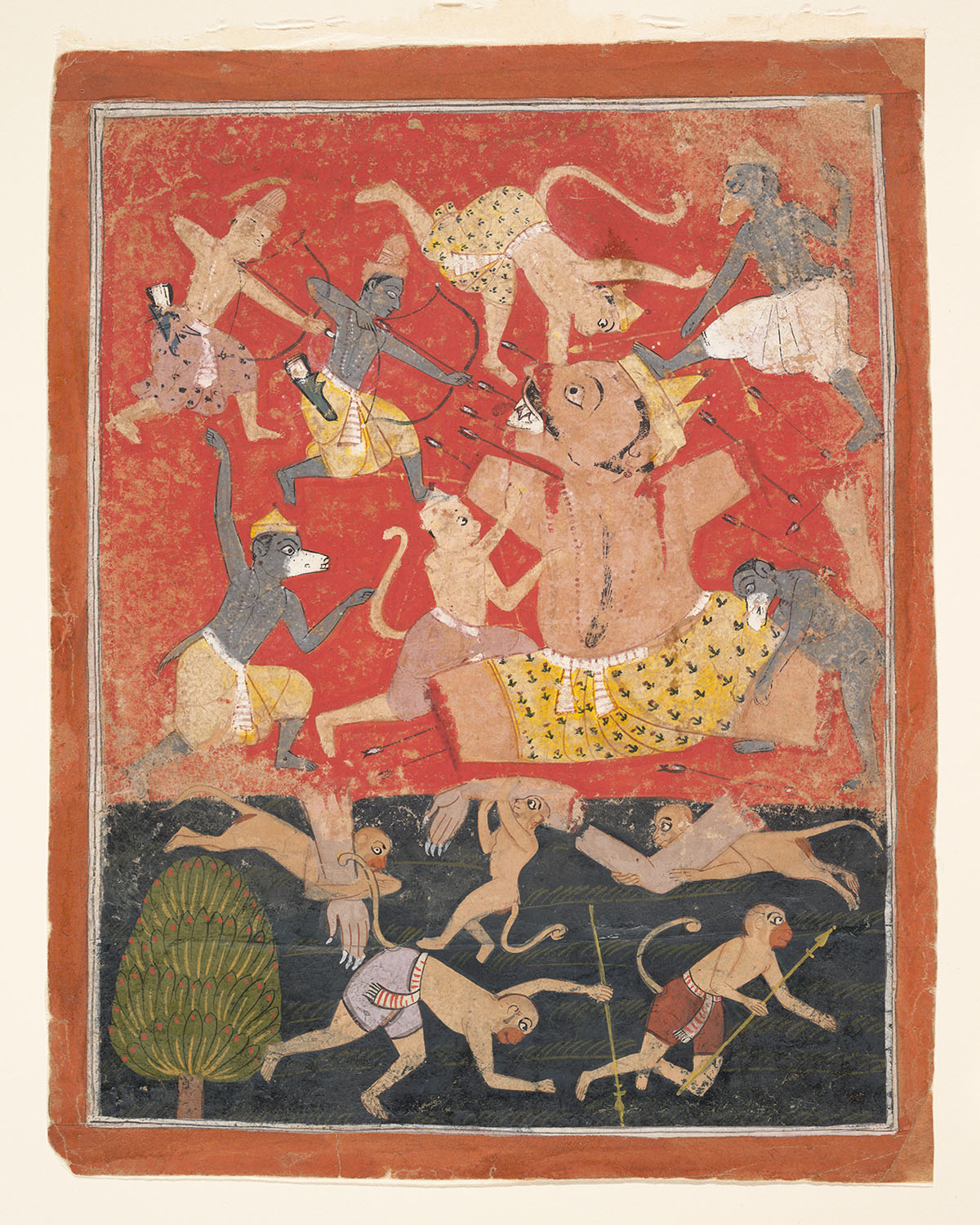 A painting with Kumbhakarna in the centre with his limbs cut off, surrounded by Rama, Lakshmana and the monkey army.
