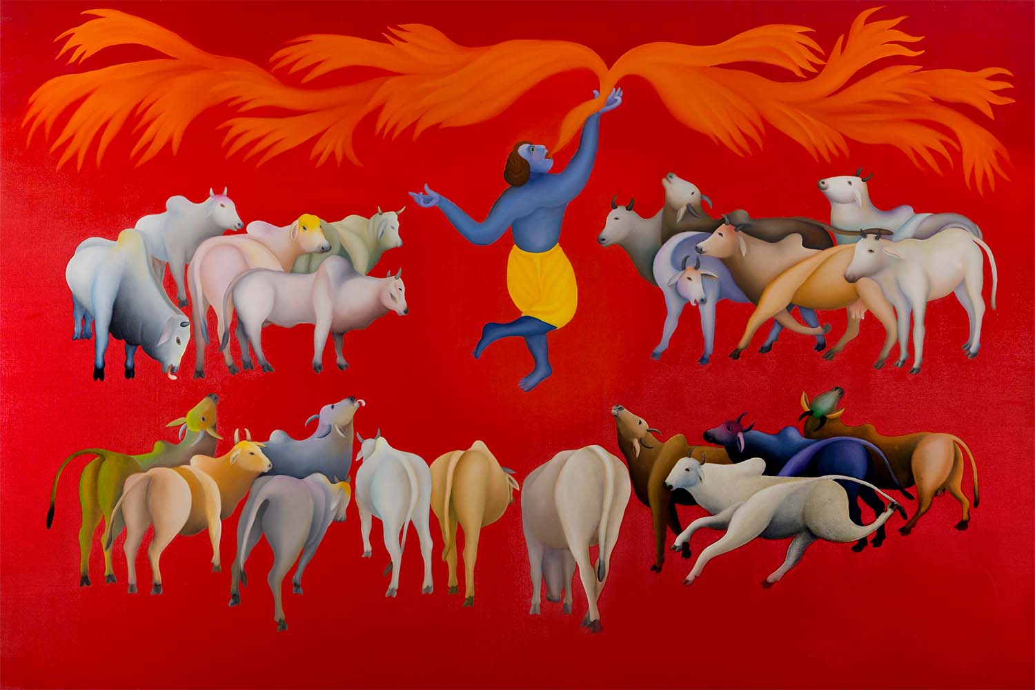 An oil painting depicting the deity Krishna eating fire, surrounded by groups of cows, with a bright red background.