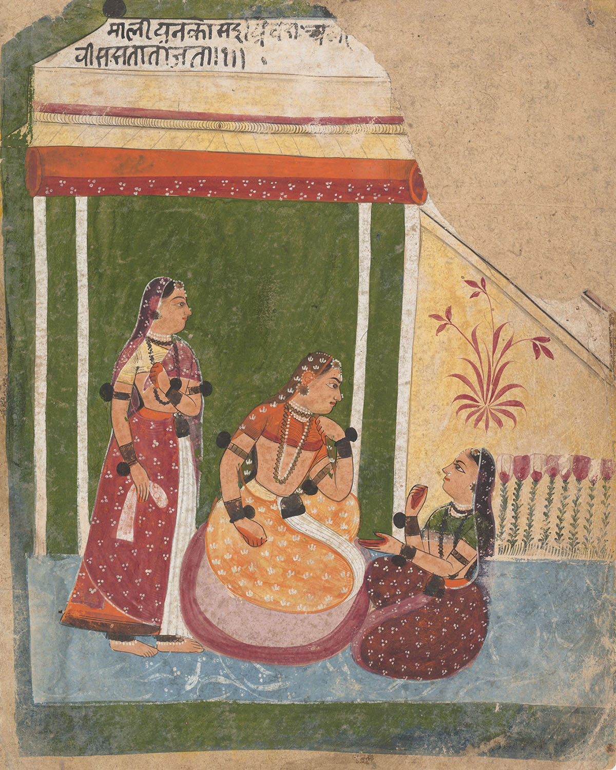 A painting depicting two seated women and one woman standing on the left in a pavilion, talking with each other.