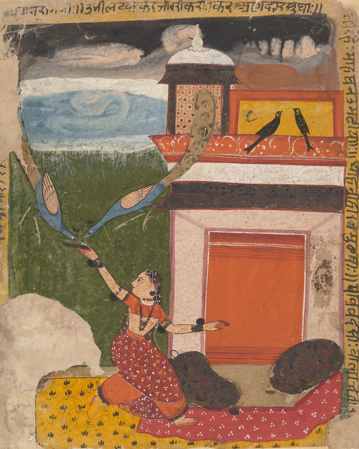 A painting depicting a seated woman extending her arm to feed two descending peacocks.