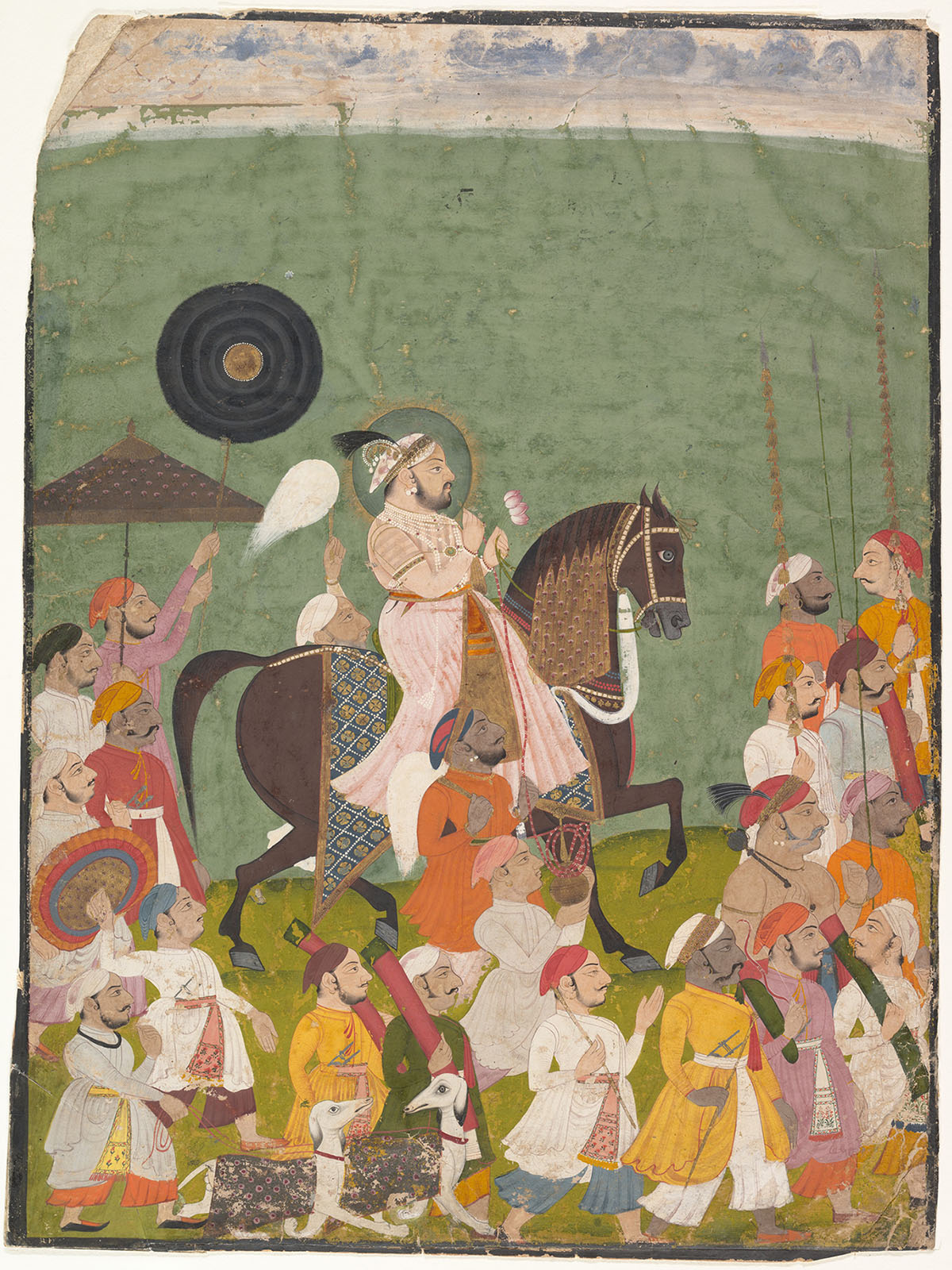 A painting depicting Jagat Singh II on horseback, with a procession accompanying him with swords and batons.