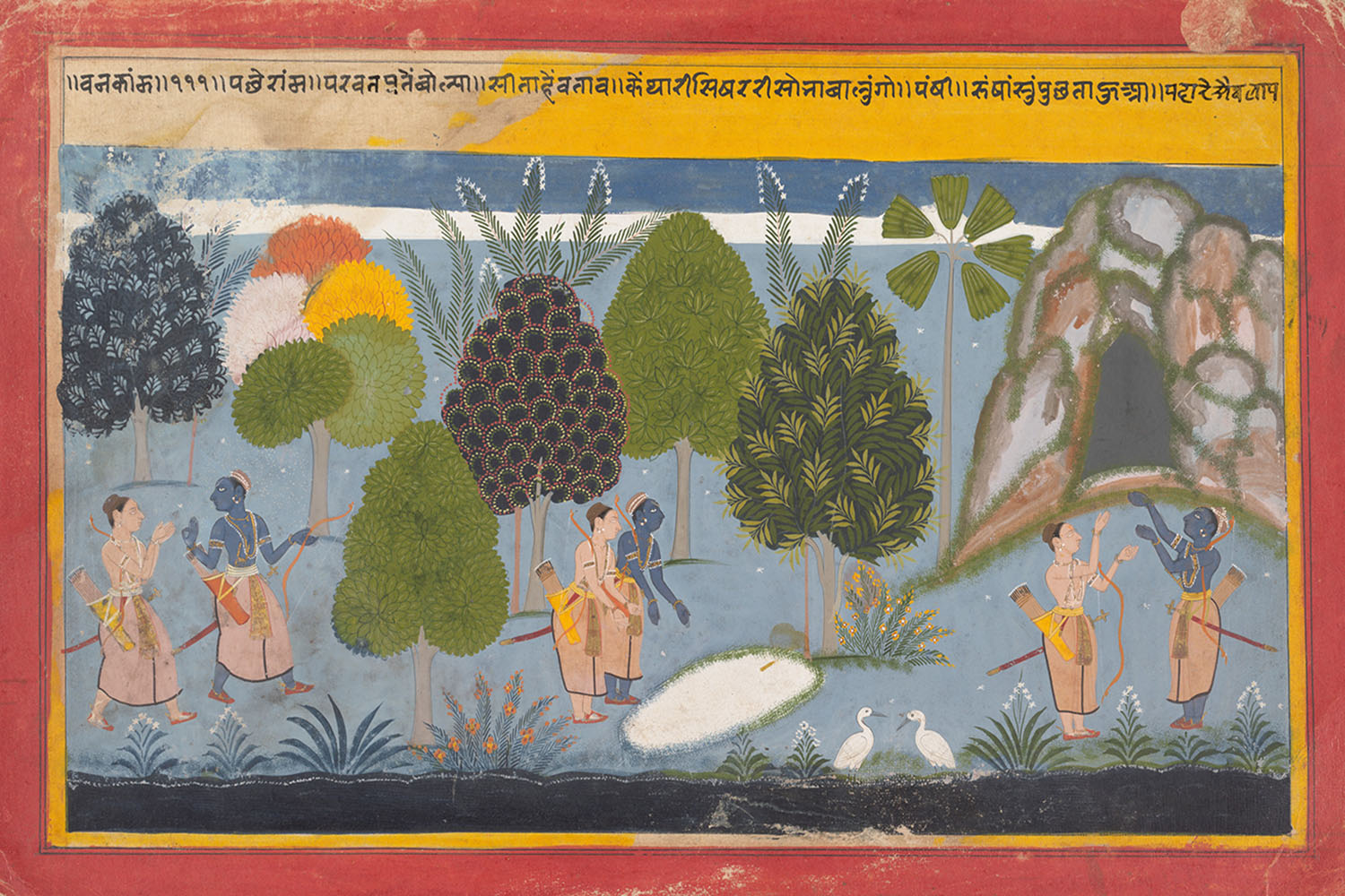 A painting depicting a scene from the Ramayana, wherein Rama and Lakshmana search for Sita in a forest.