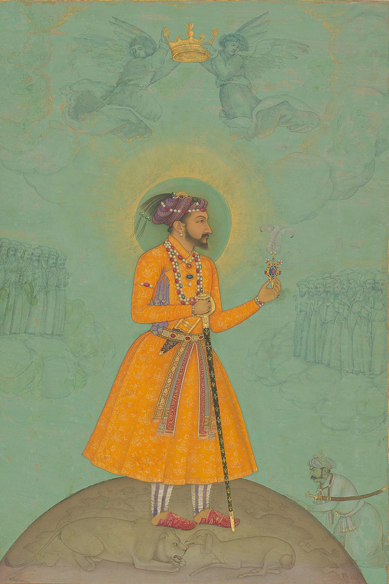 A painting depicting Shah Jahan standing on top of a globe, with Jujhar Singh Bundela kneeling at the bottom right.
