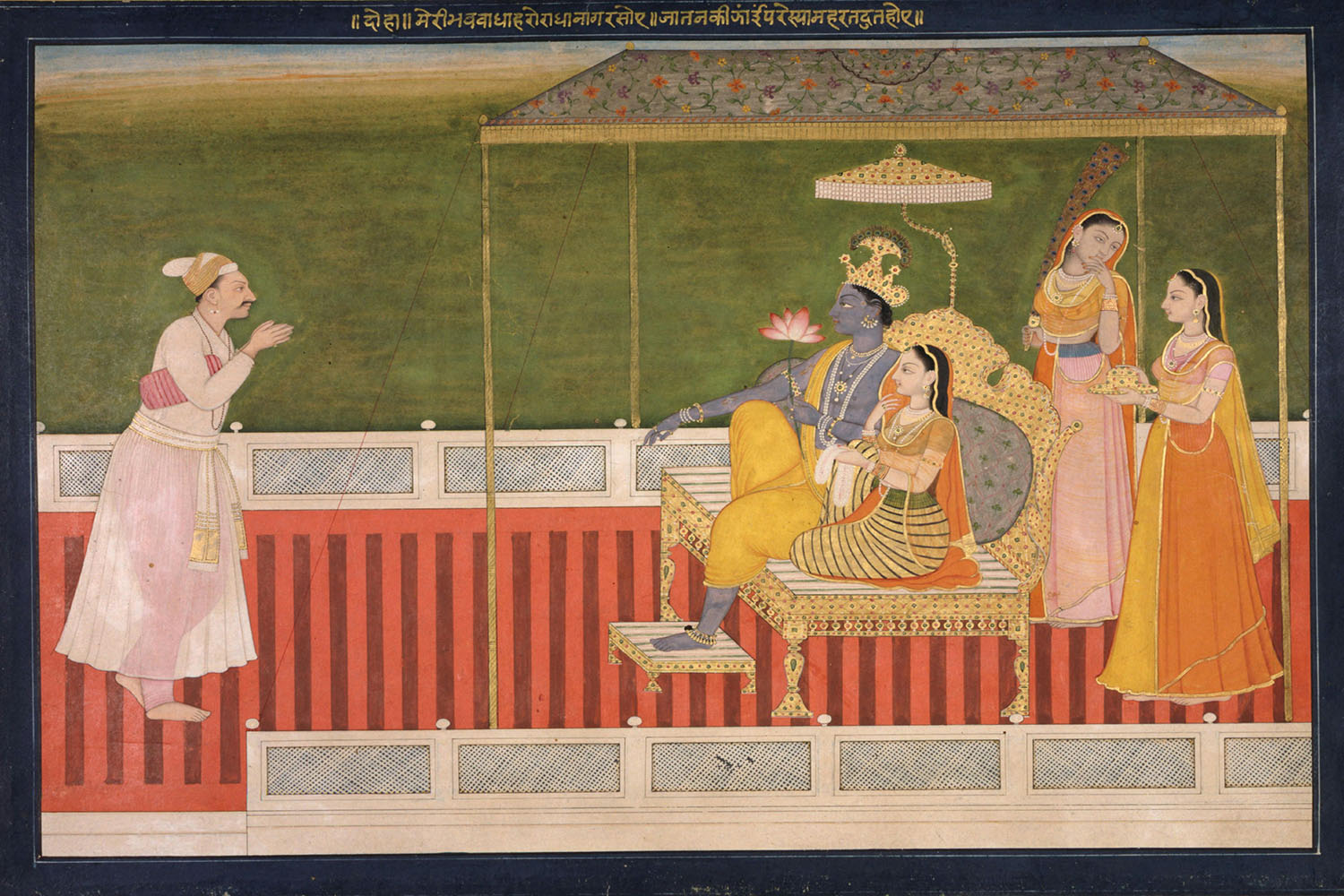 A painting depicting the poet Bihari on the left standing in front of a seated Krishna and Radha.