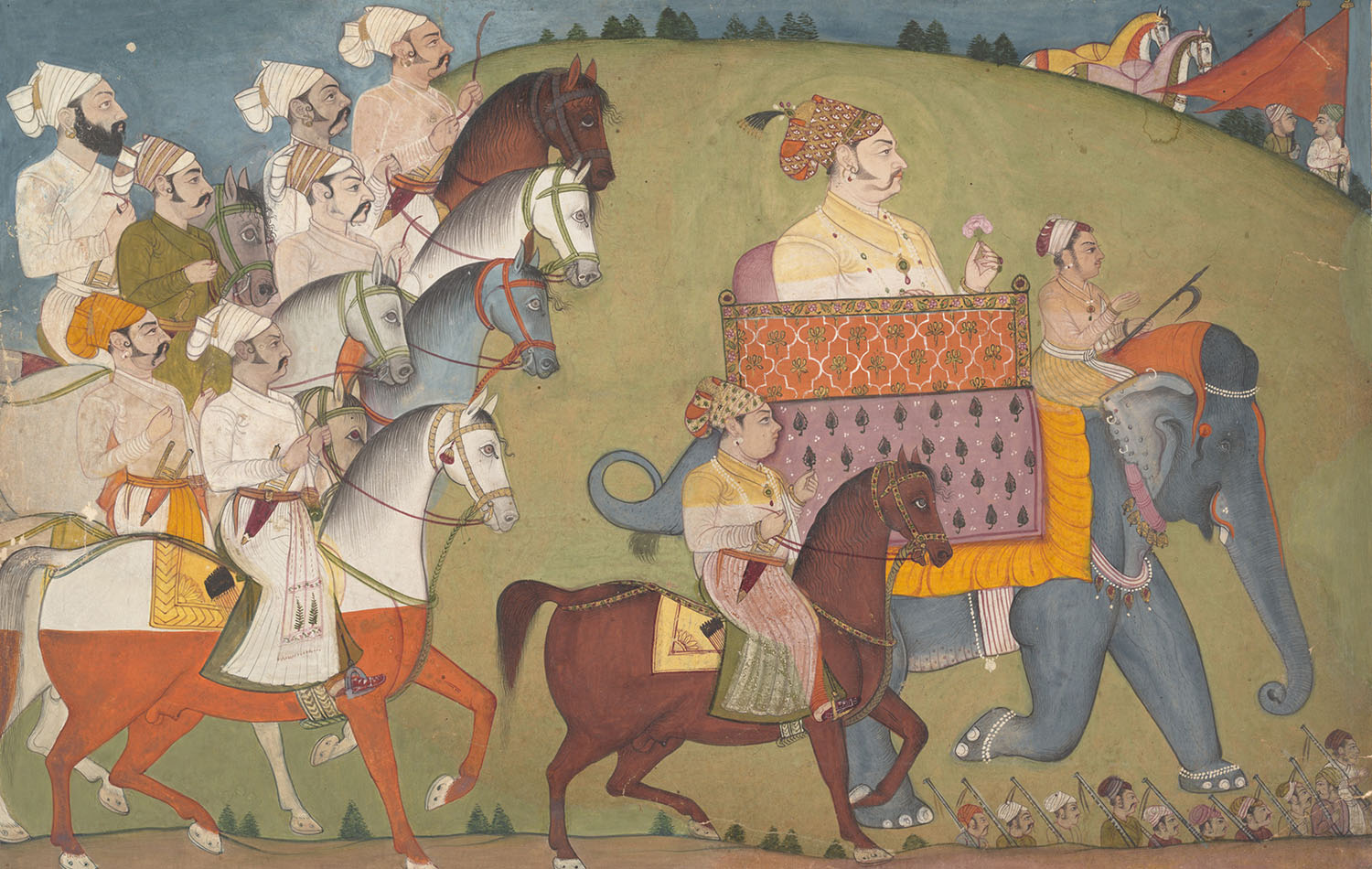 A painting depicting Raj Singh seated on an elephant, accompanied by a procession on horseback.