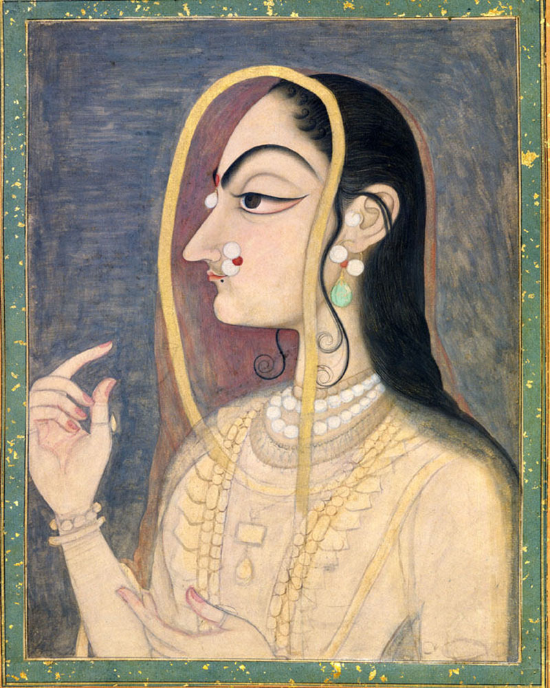 A painting depicting Radha in her left profile, her head covered with a translucent veil.
