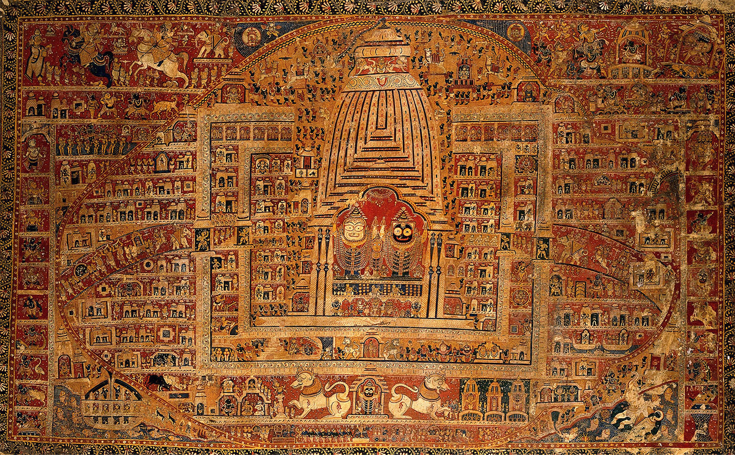 A Pattachitra depicting the Jagannatha Temple, Puri, its principal deities Balarama, Subhadra and Jagannatha at the centre.