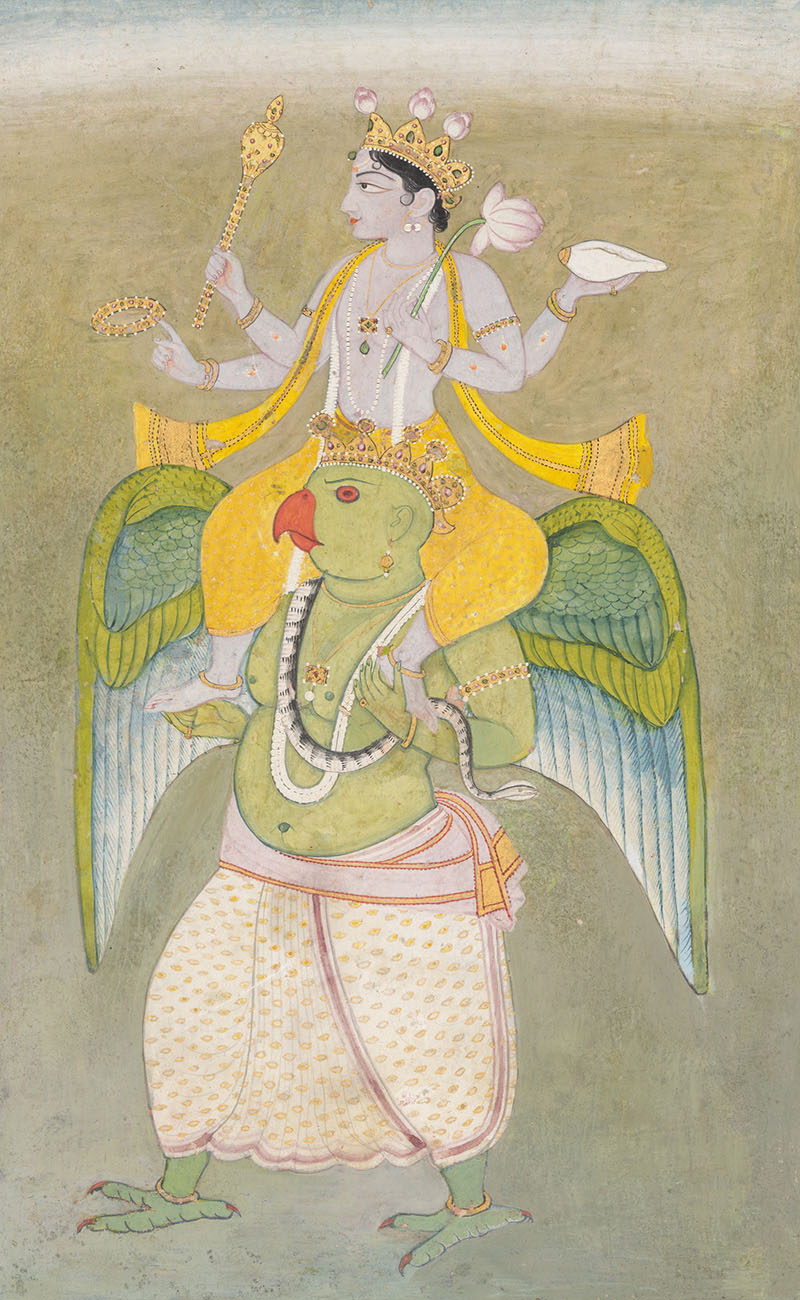 A painting depicting Vishnu seated on a standing Garuda against a green landscape.