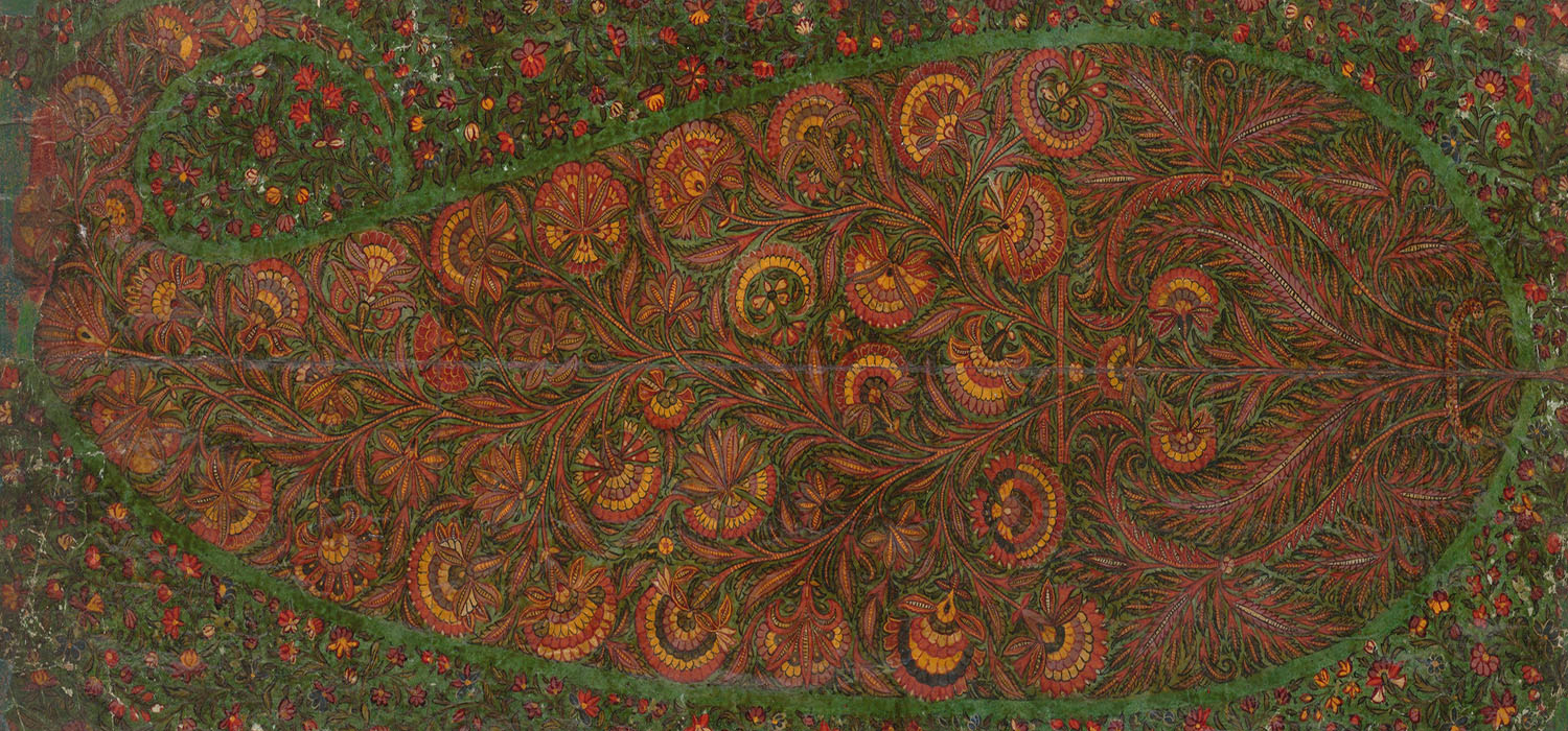 Painting of a segment of a Kashmiri shawl depicting a large paisley motif filled in with flowers and leaves in several colours.